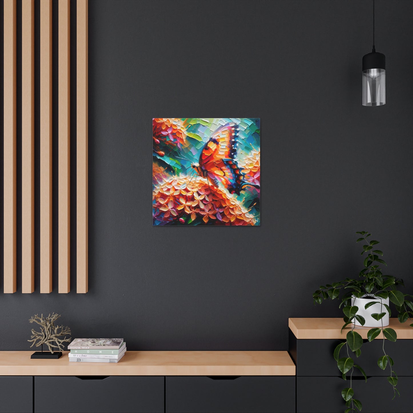 Art Print, Butterfly on Ixoras, Oil Finish, Caribbean Nature, Cultural, Heritage, Semi-Abstract, Canvas Gallery Wrap