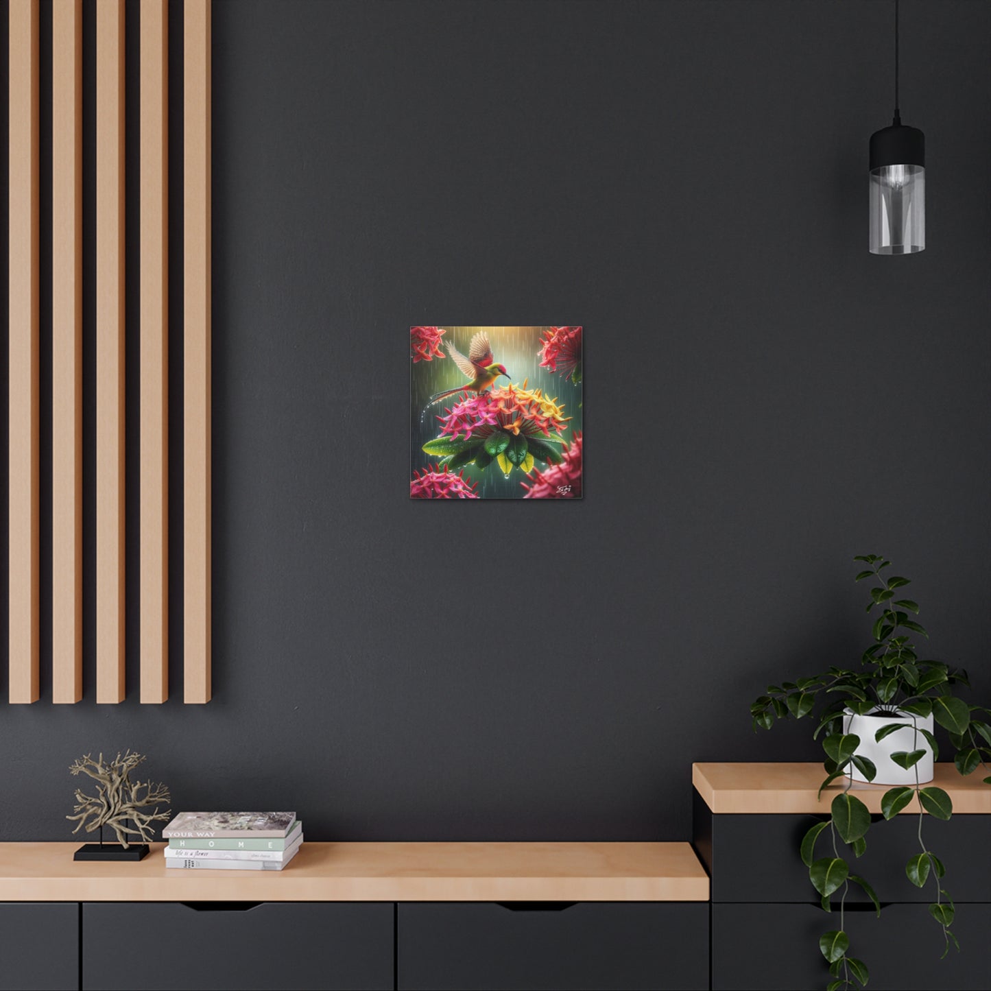 Print of Tropical Bird in the Rain Perched on Ixora Flower, Oil Paint Finish, Caribbean, Tropical, Canvas Gallery Wraps