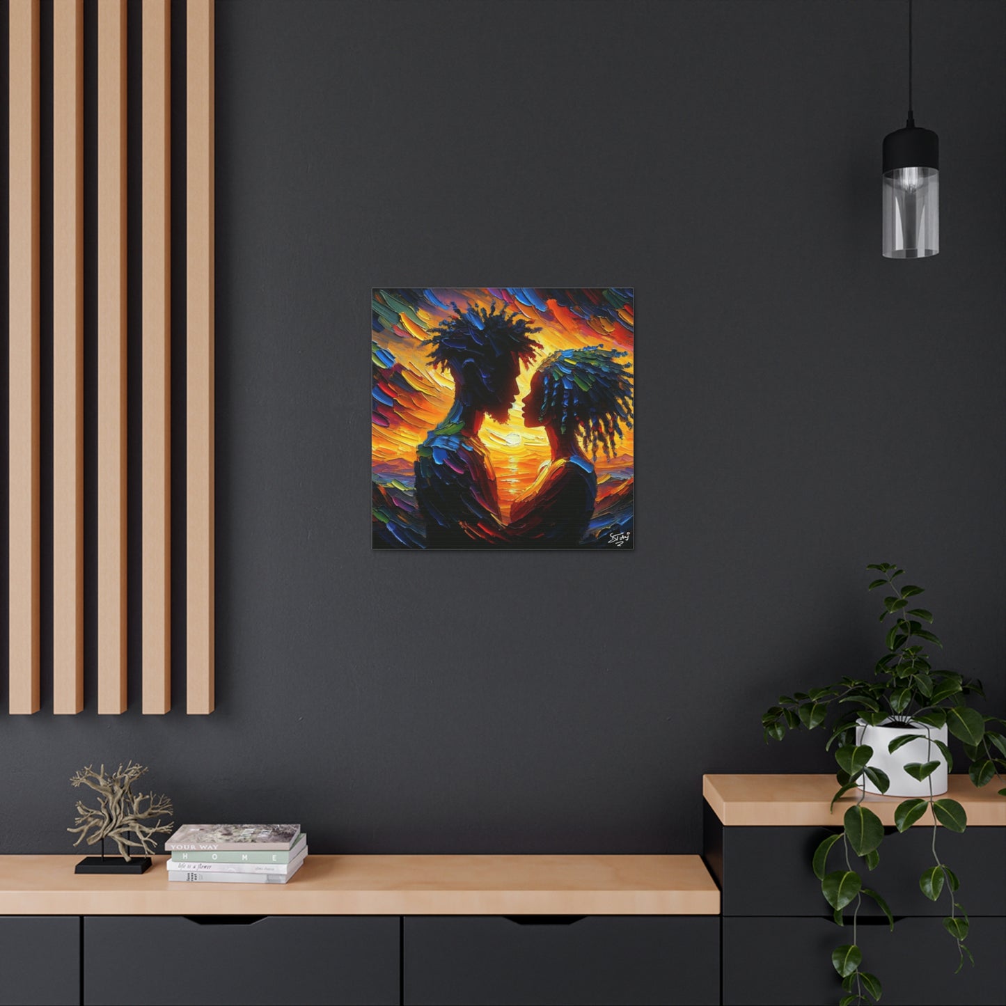 Art Print, Afro-Caribbean Couple in Love, Oil Finish, West Indian Ethnicity, Cultural, Heritage, Semi-Abstract, Canvas Gallery Wrap