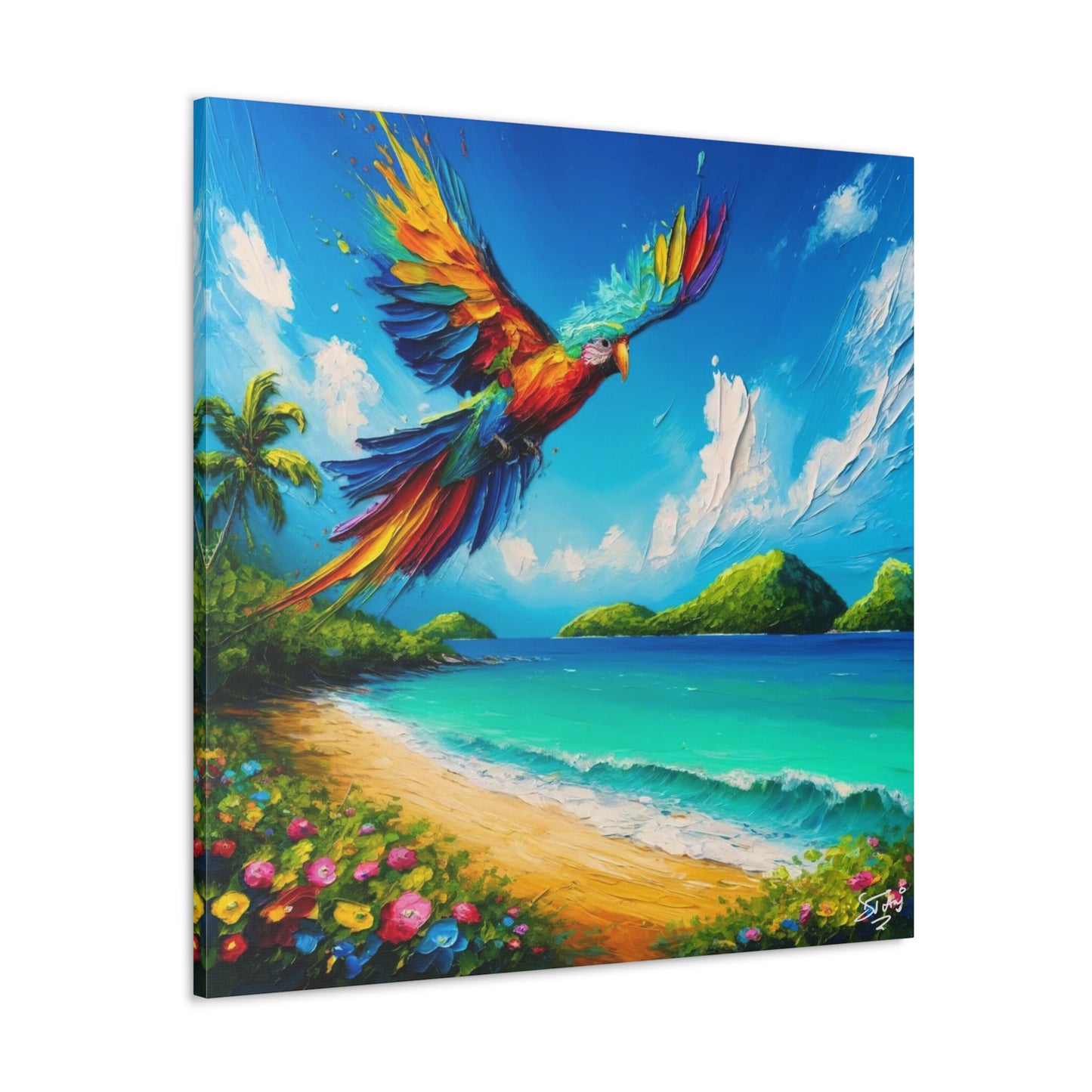 Art Print, "Bird Enjoying View," Oil Finish, Caribbean Nature, Cultural, Heritage, Semi-Abstract, Canvas Gallery Wrap