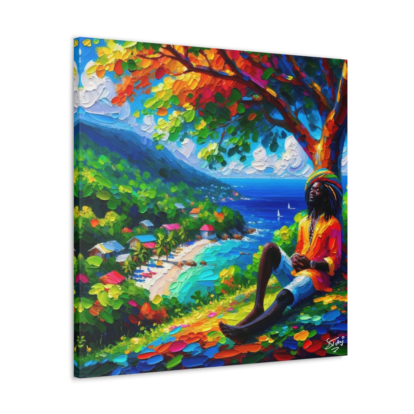 Art Print, Rastaman, "Relaxing" Oil Finish, West Indian Ethnicity, Cultural, Heritage, Abstract, Canvas Gallery Wrap