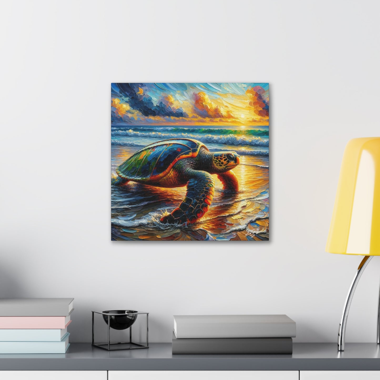 Art Print, Turtle at Sunset, Caribbean Wildlife, Oil Finish, Caribbean Nature, Culture, Heritage, Canvas Gallery Wrap