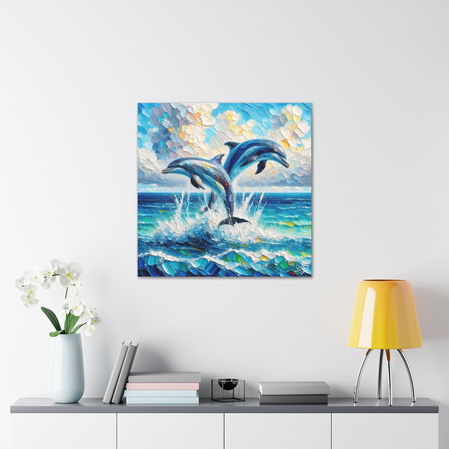 Art Print, Two Dolphins, Oil Finish, Caribbean Nature, Canvas Gallery Wrap