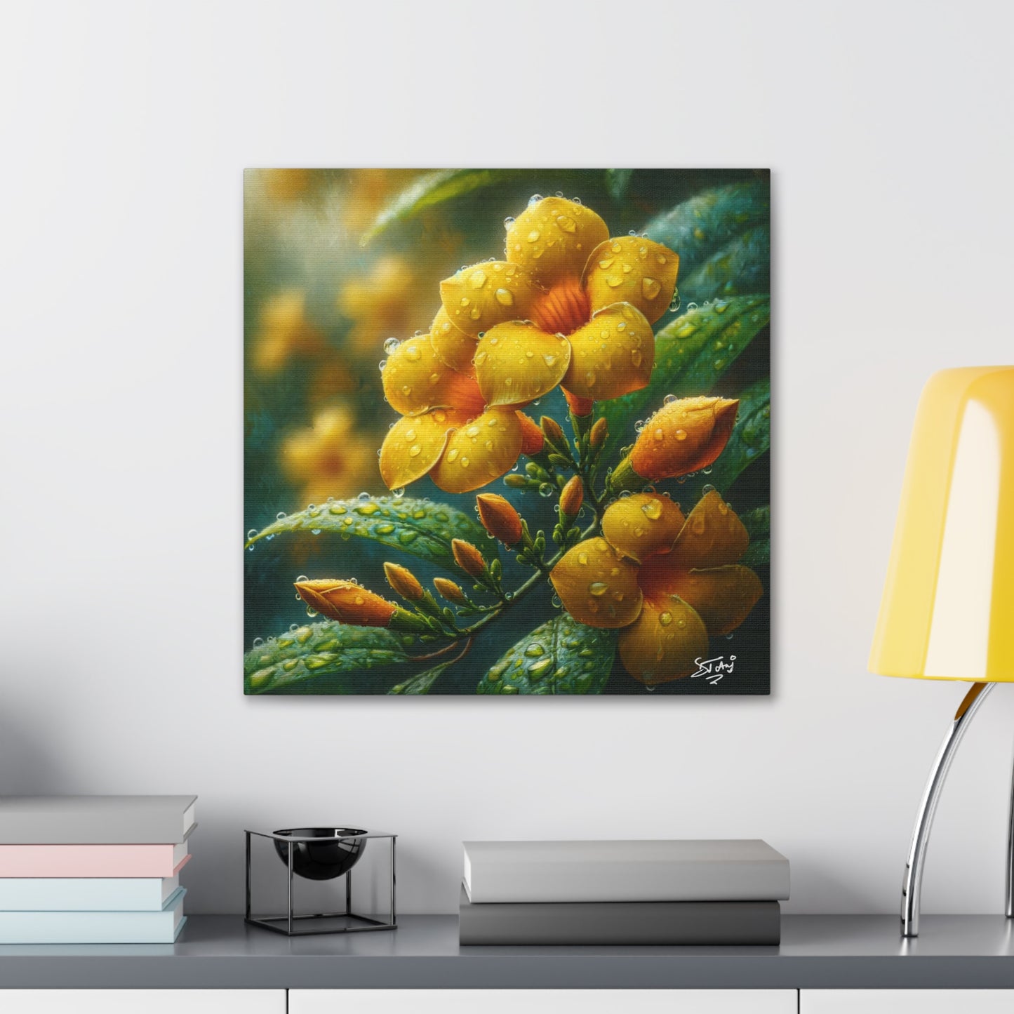 Print#2 of Yellow Allamanda Flowers in the Rain, Oil Paint Finish, Caribbean, Tropical, Canvas Gallery Wraps