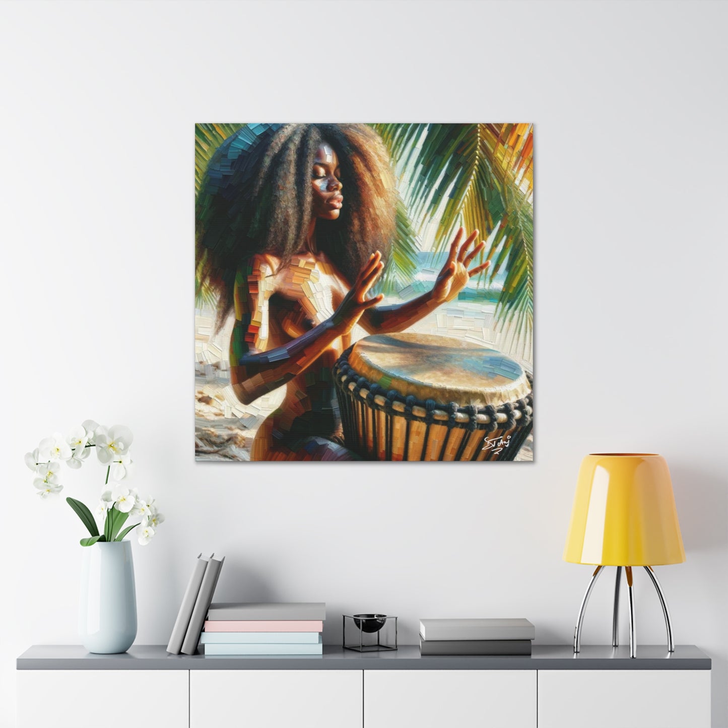 Art Print, Afro-Caribbean Woman, "Drumming" Oil Finish, West Indian Ethnicity, Cultural, Heritage, Abstract, Canvas Gallery Wrap