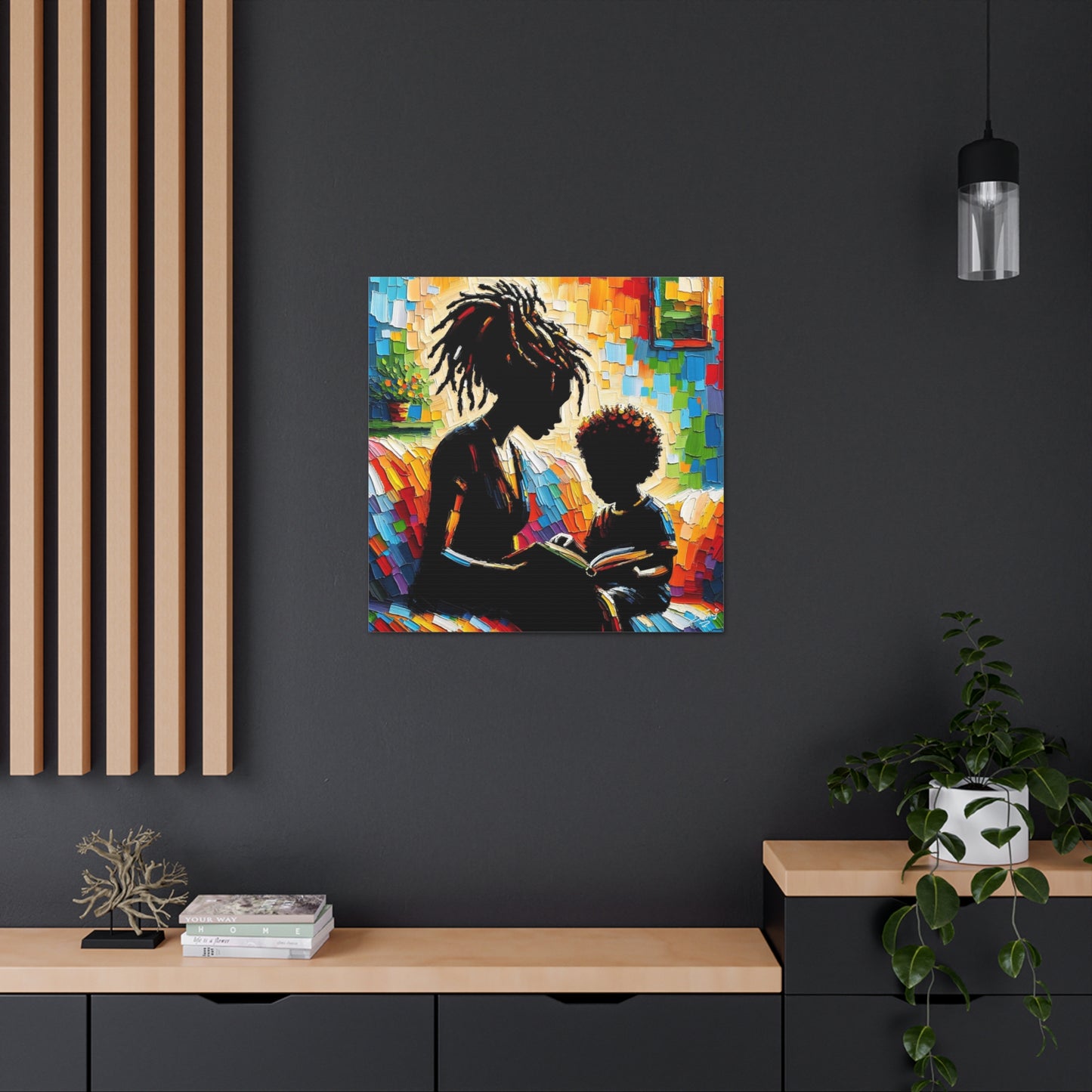 Art Print, Afro-Caribbean Mother & Son (3), Oil Finish, West Indian Ethnicity, Cultural, Heritage, Semi-Abstract, Canvas Gallery Wrap