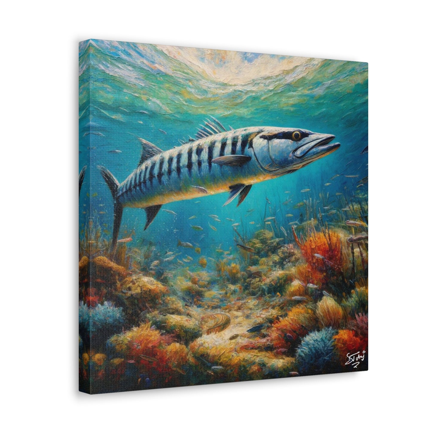 Art Print, Great Barracuda, Oil Finish, Caribbean Nature, Canvas Gallery Wrap