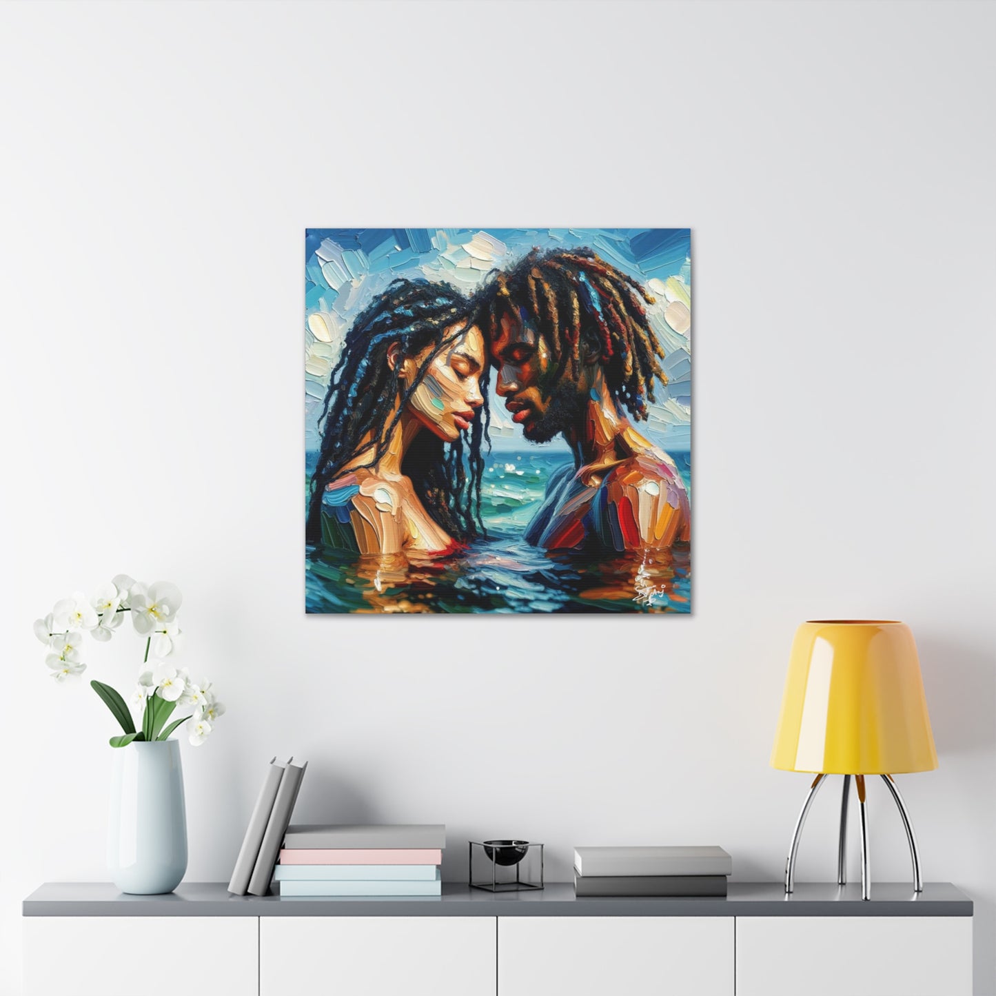 Art Print, Caribbean Couple, "In Our World" Semi-Abstract Oil Finish, West Indian Ethnicity, Cultural, Heritage, Abstract, Canvas Gallery Wrap