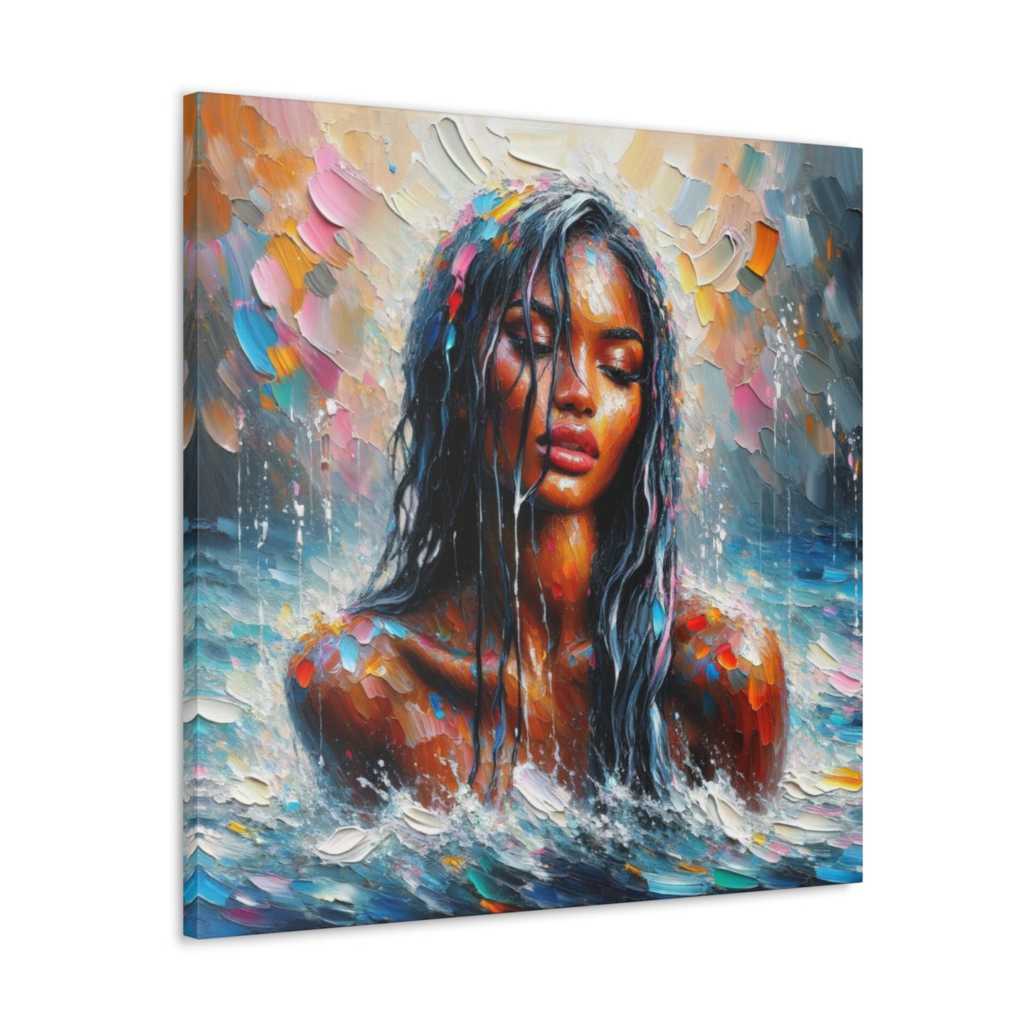 Art Print#2 of Trini Woman - Chilling in the Caribbean Sea, Oil Finish, West Indian Ethnicity, Cultural, Heritage Art, Canvas Gallery Wraps