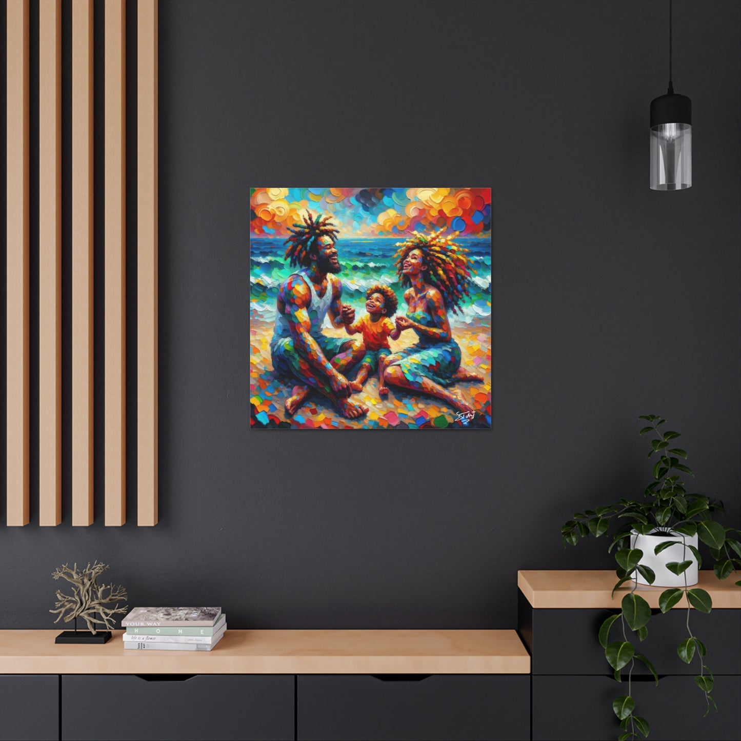 Art Print, Afro-Caribbean Family "Sitting on the Beach," Oil Finish, West Indian Ethnicity, Cultural, Heritage, Semi-Abstract, Canvas Gallery Wrap