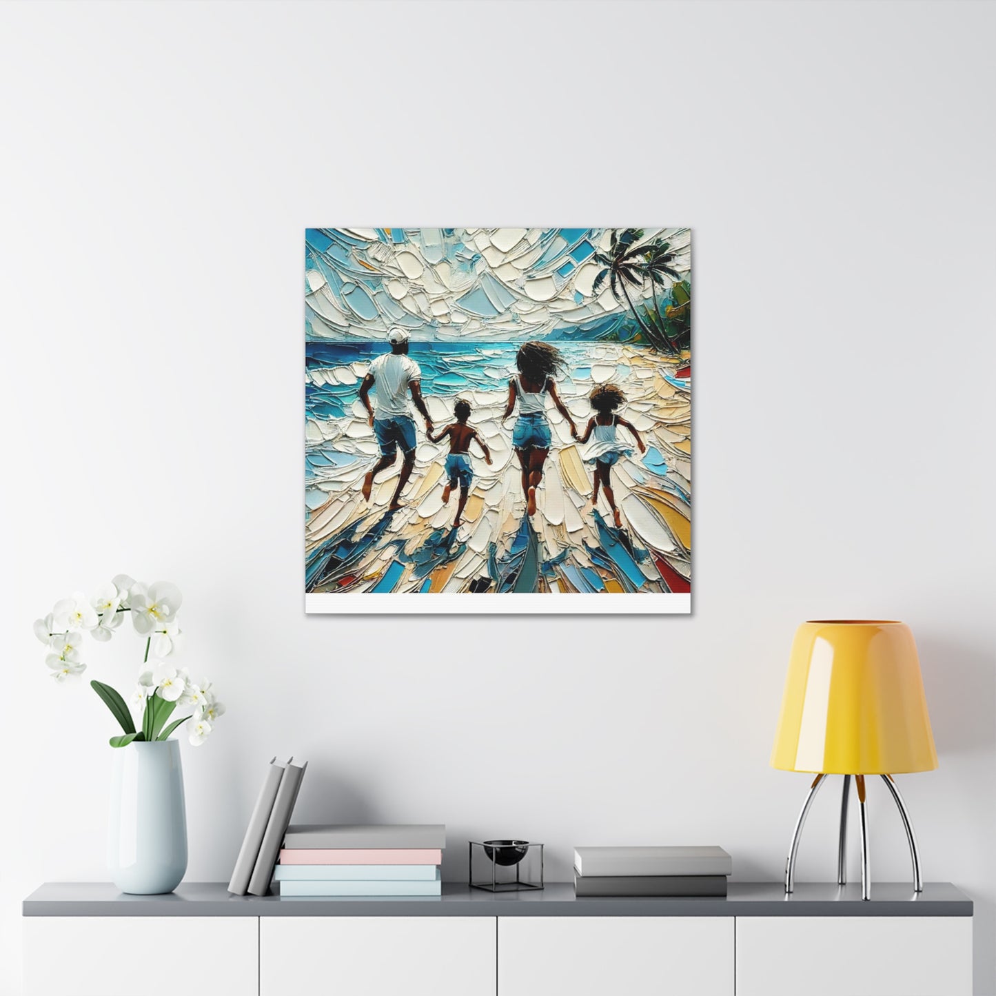 Art Print, Afro-Caribbean Family "Running on the Beach," Oil Finish, West Indian Ethnicity, Cultural, Heritage, Semi-Abstract, Canvas Gallery Wrap