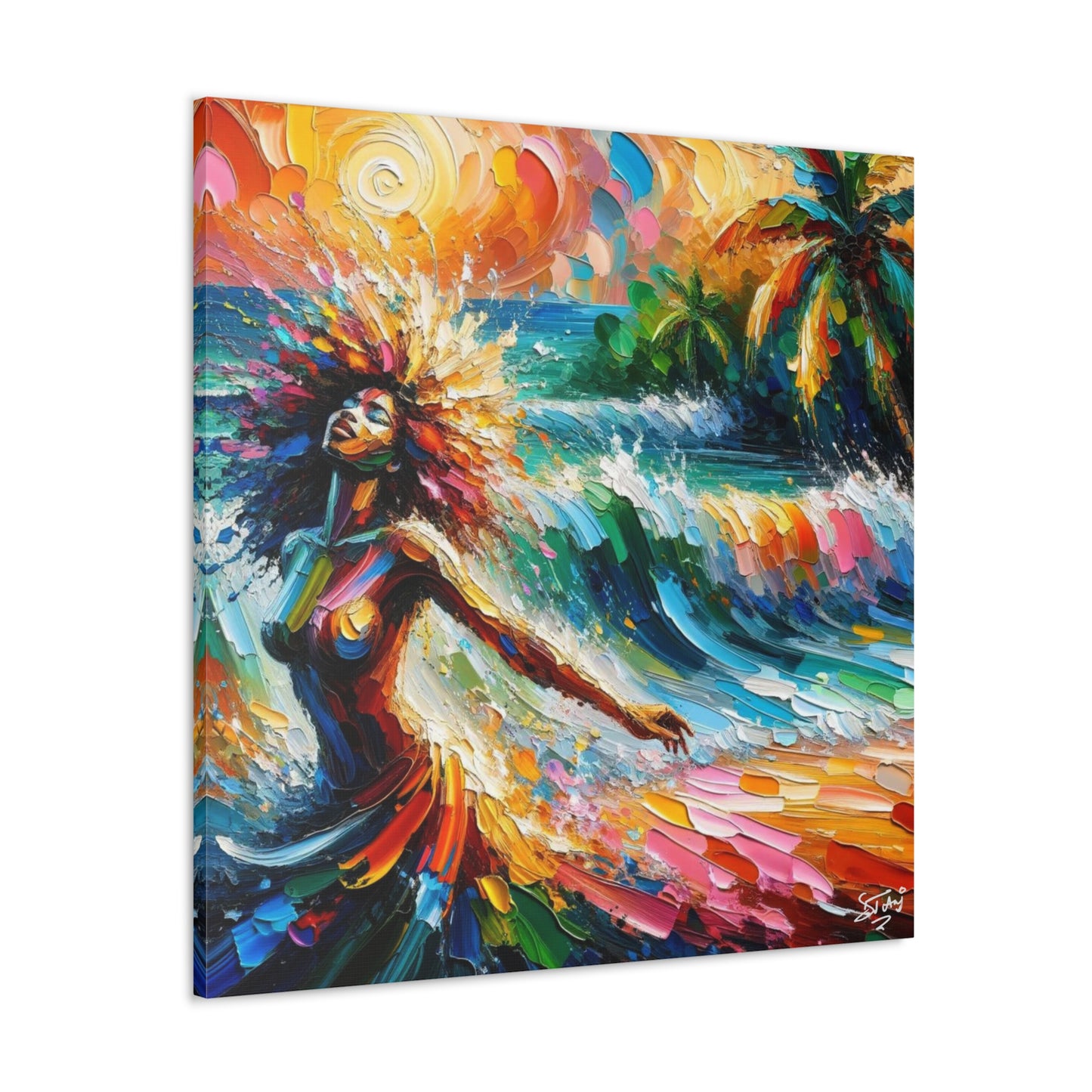 Art Print, Afro-Caribbean Woman, "Enjoying the Sunset" Abstract, Oil Finish, West Indian Ethnicity, Cultural, Heritage, Abstract, Canvas Gallery Wrap