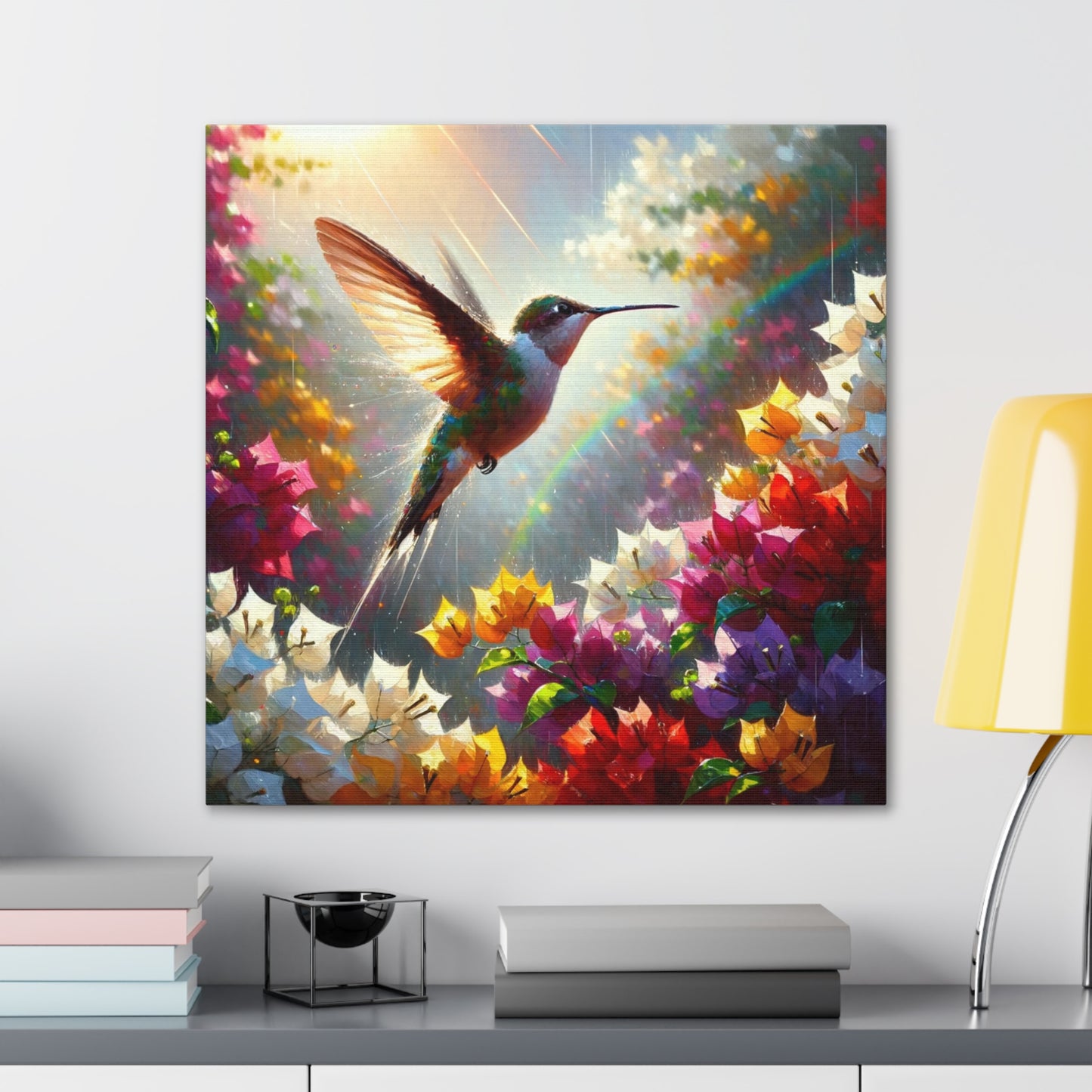 Art Print#3 of Hummingbird in Flight...in the Sun and Rain, Bougainvillea, Caribbean, Oil Finish, West Indian Art, Canvas Gallery Wraps