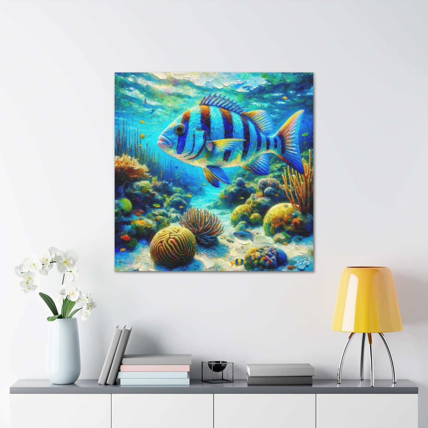 Art Print, Blue-Striped Grunt Fish in Coral Reef, Oil Finish, Caribbean Nature, Semi-Abstract, Canvas Gallery Wrap