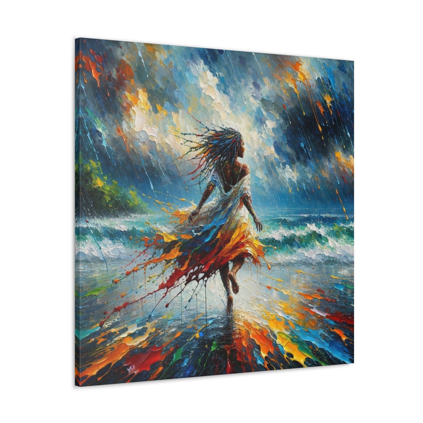 Art Print#4, East Indian Woman from Trinidad running into the Atlantic Ocean, Caribbean, Oil Finish, West Indian Art, Canvas Gallery Wraps