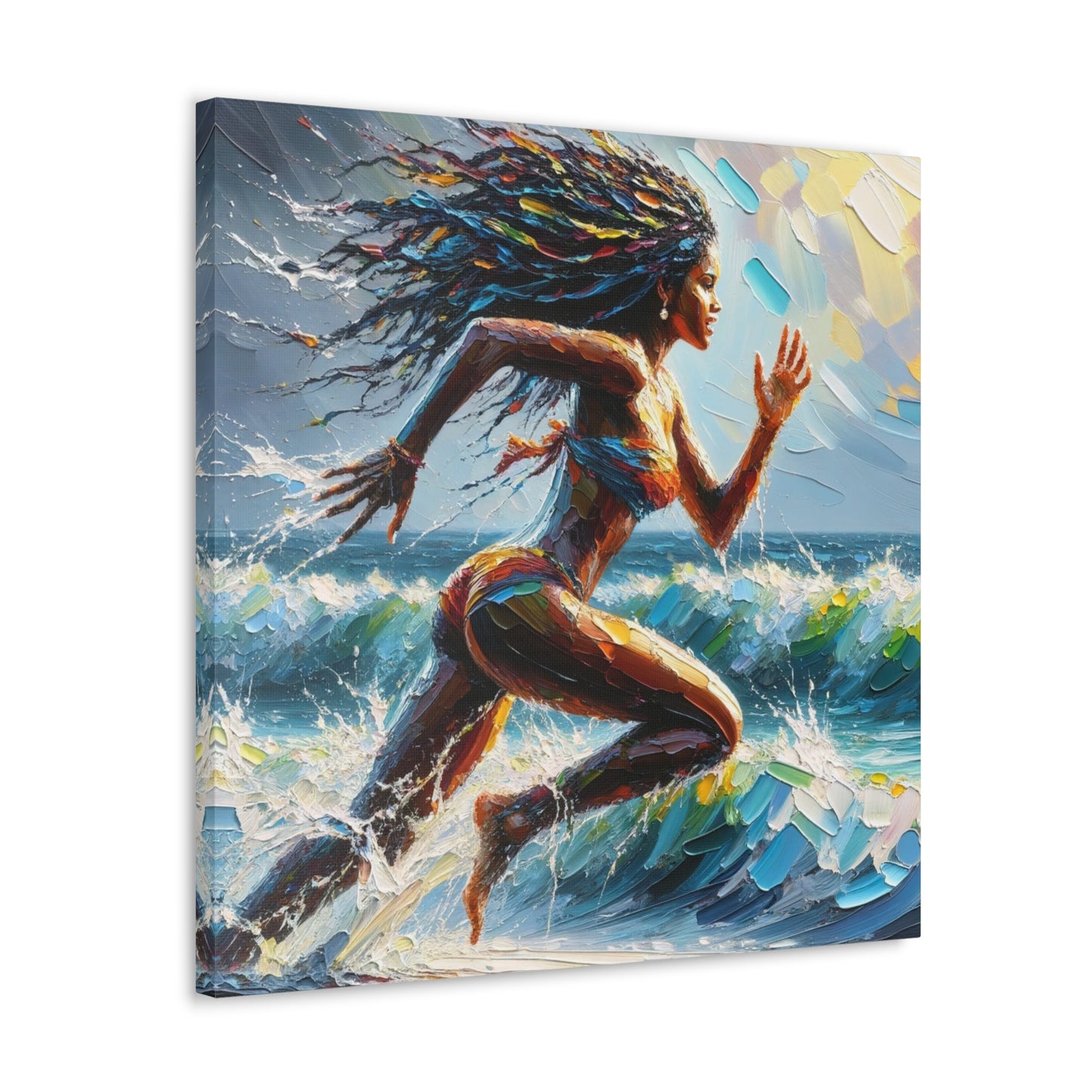 Art Print#3, East Indian Woman from Trinidad running into the Atlantic Ocean, Caribbean, Oil Finish, West Indian Art, Canvas Gallery Wraps