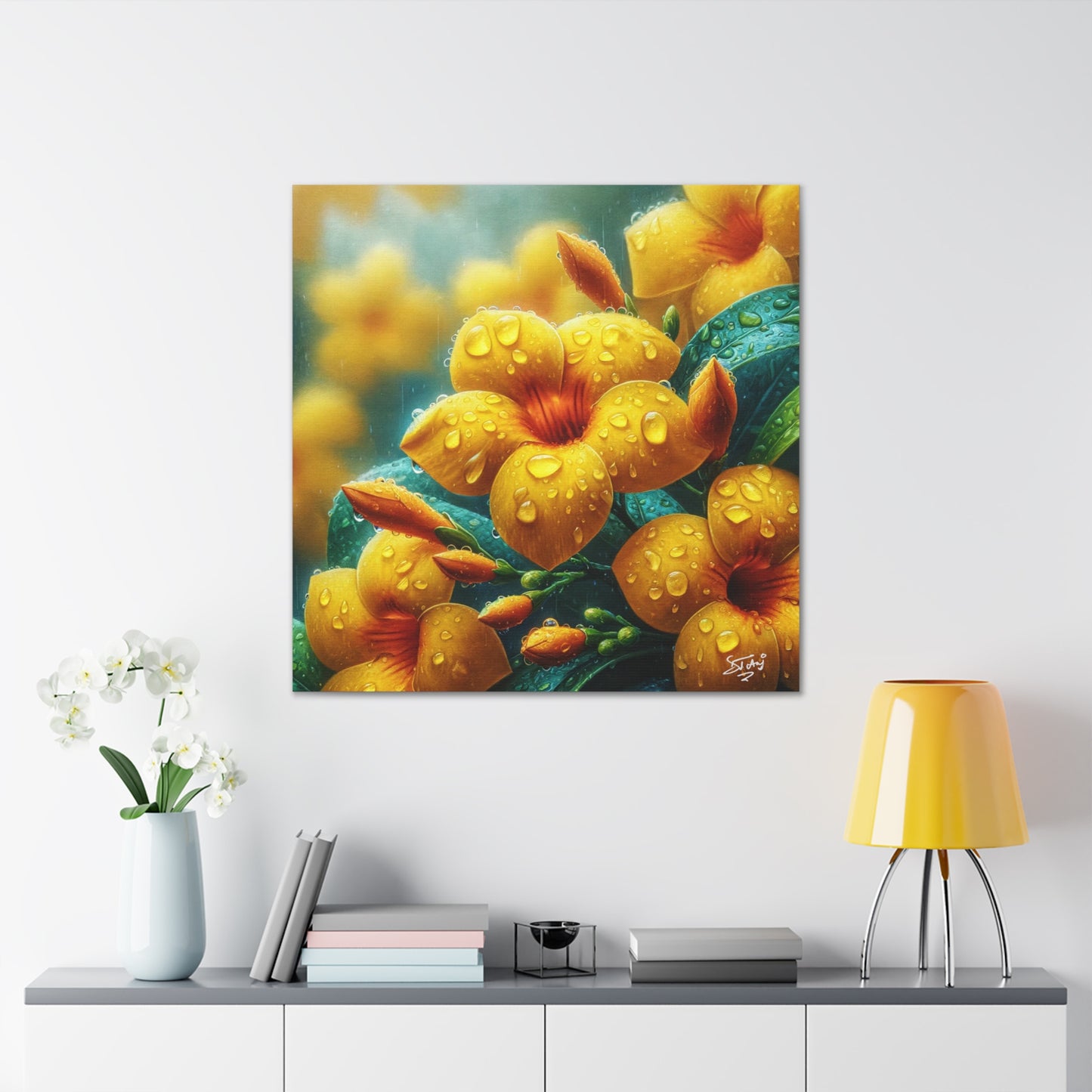 Print of Yellow Allamanda Flowers in the Rain, Oil Paint Finish, Caribbean, Tropical, Canvas Gallery Wraps