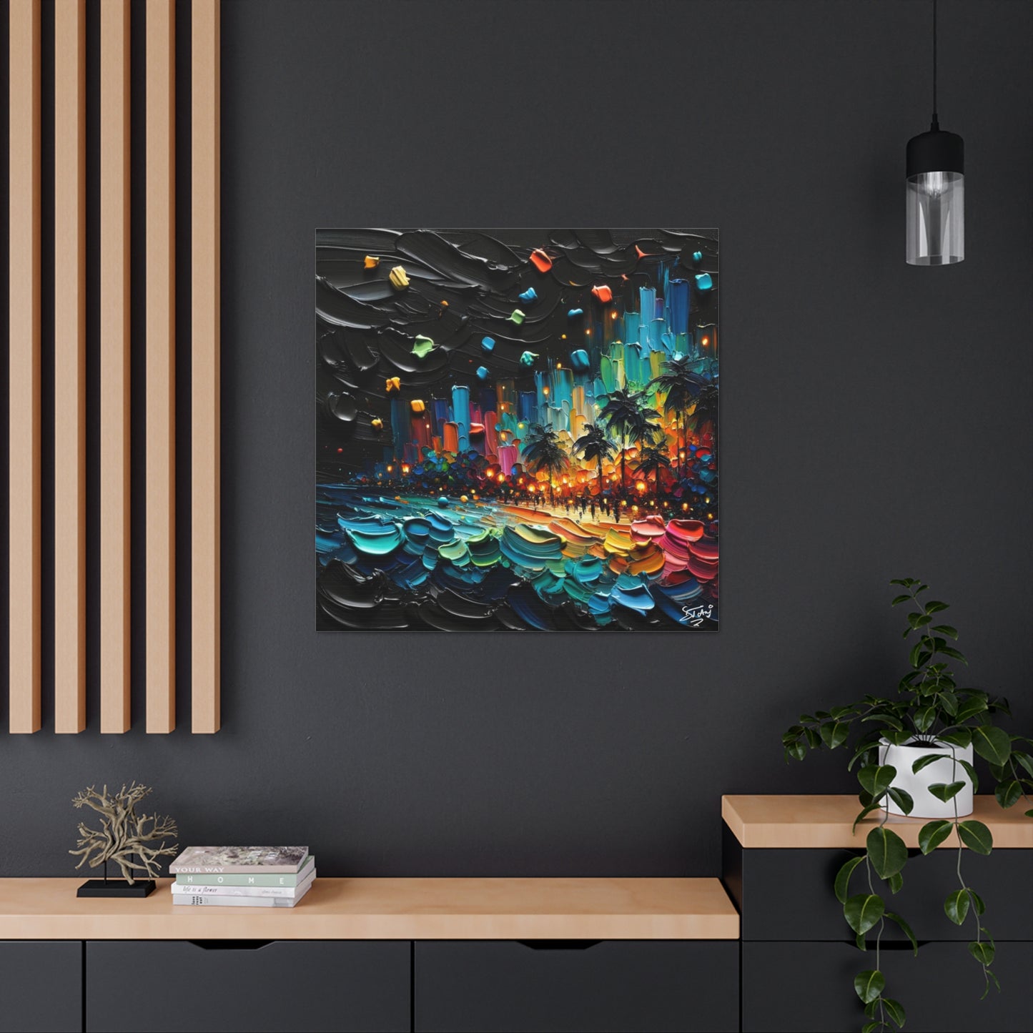 Art Print of Caribbean Beach at Night, Semi-Abstract, Oil Painting, West Indian Art, Canvas Gallery Wraps