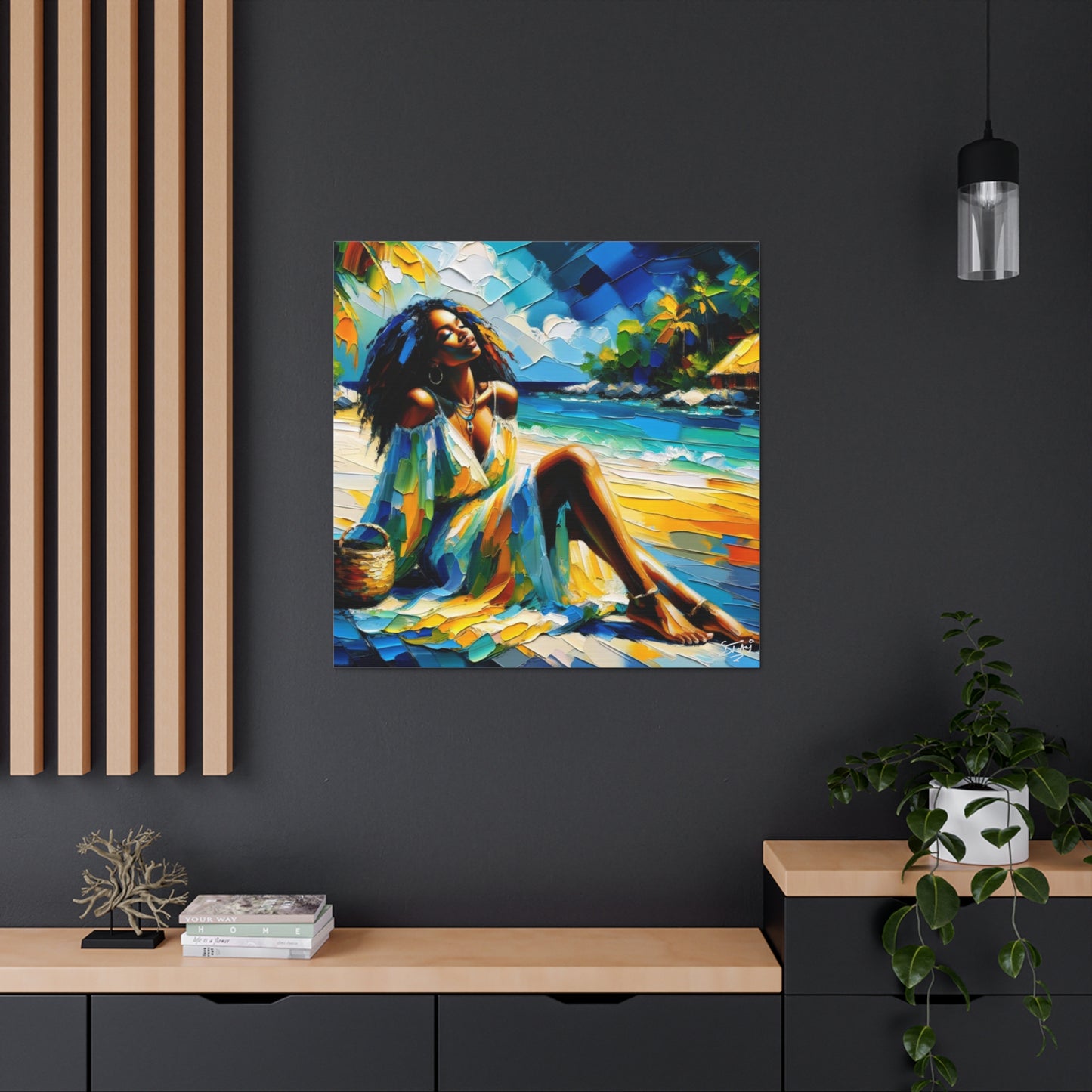 Art Print, Afro-Caribbean Woman, "Relaxing" Oil Finish, West Indian Ethnicity, Cultural, Heritage, Abstract, Canvas Gallery Wrap