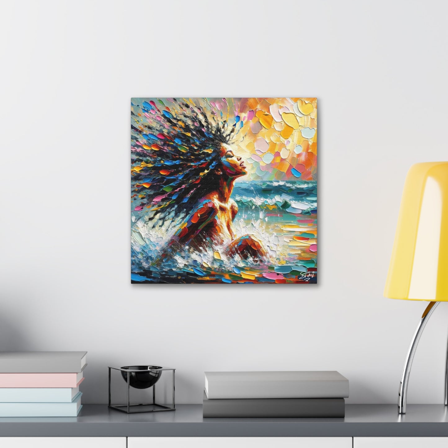 Art Print, Afro-Caribbean Woman, "Enjoying the Sunset" Abstract, Oil Finish, West Indian Ethnicity, Cultural, Heritage, Abstract, Canvas Gallery Wrap