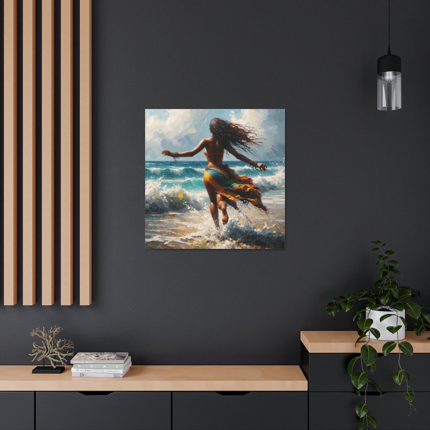 Art Print#2, East Indian Woman from Trinidad running into the Atlantic Ocean, Caribbean, Oil Finish, West Indian Art, Canvas Gallery Wraps