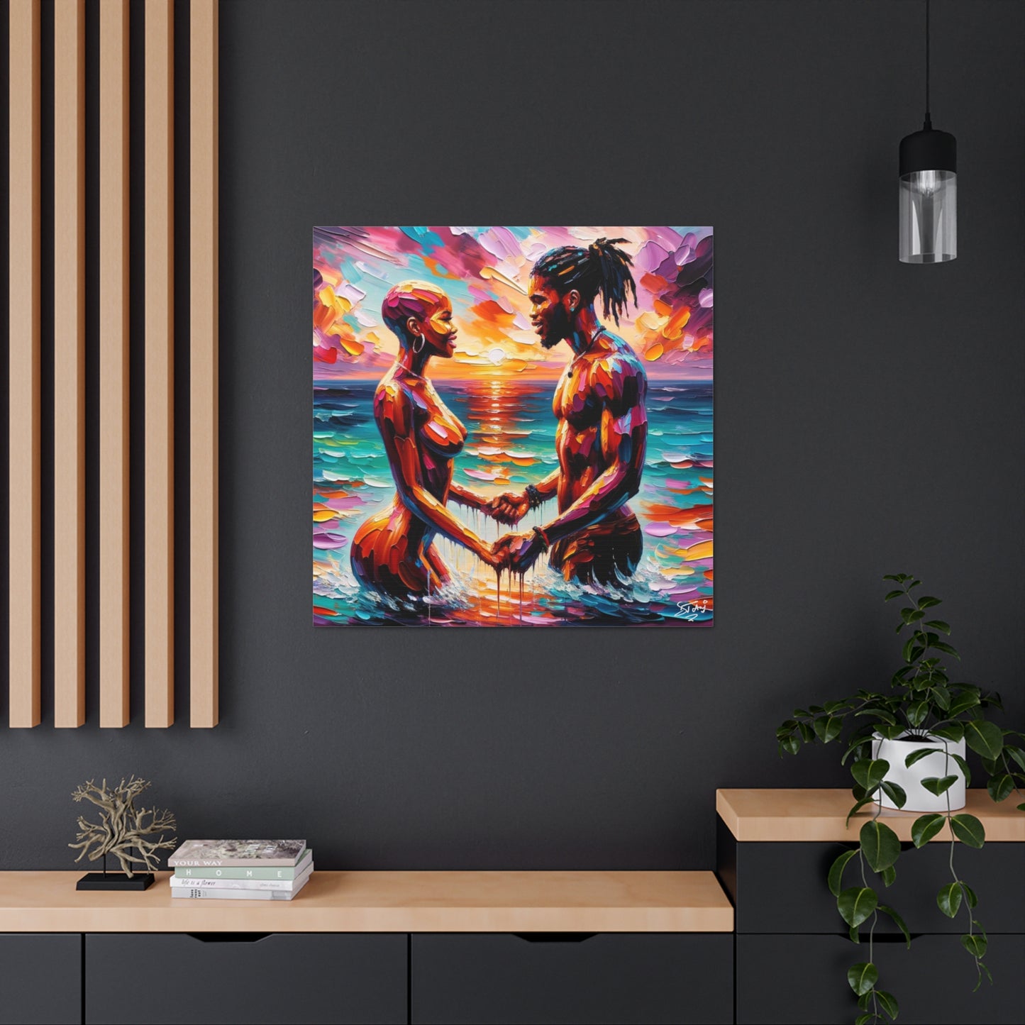 Art Print, Afro-Caribbean Couple "Skinny Dipping," Oil Finish, West Indian Ethnicity, Cultural, Heritage, Semi-Abstract, Canvas Gallery Wrap