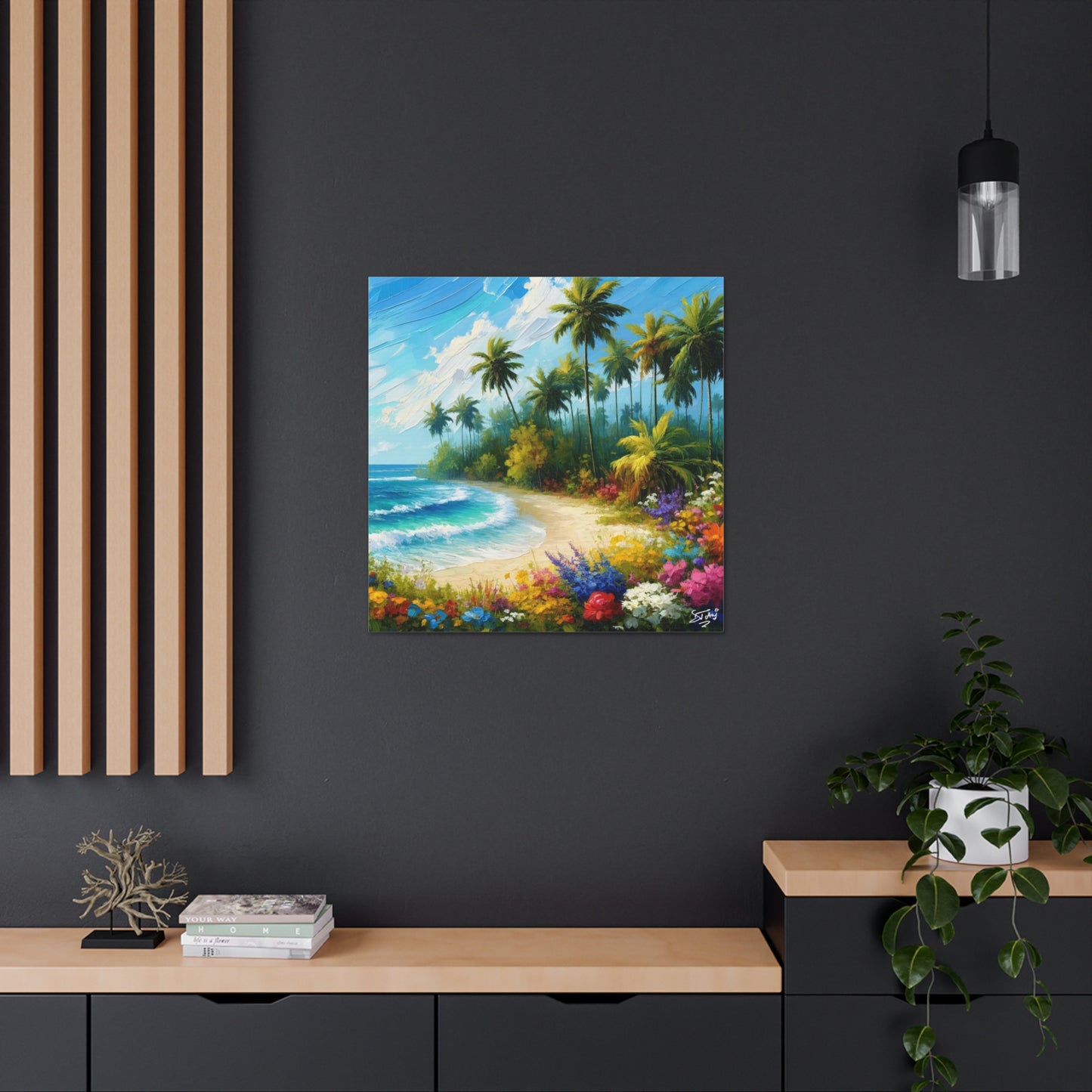 Art Print of Caribbean Beach Scene, Abstract, Oil Painting, West Indian Art, Canvas Gallery Wraps