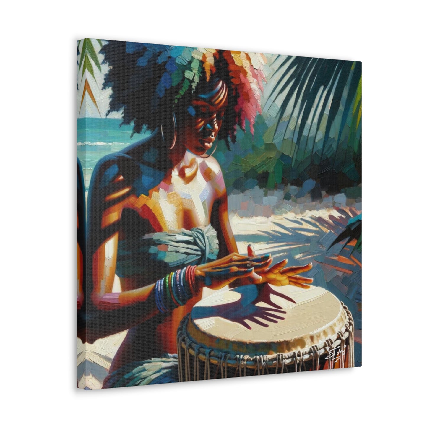 Art Print, Afro-Caribbean Woman, "Drumming" Oil Finish, West Indian Ethnicity, Cultural, Heritage, Abstract, Canvas Gallery Wrap