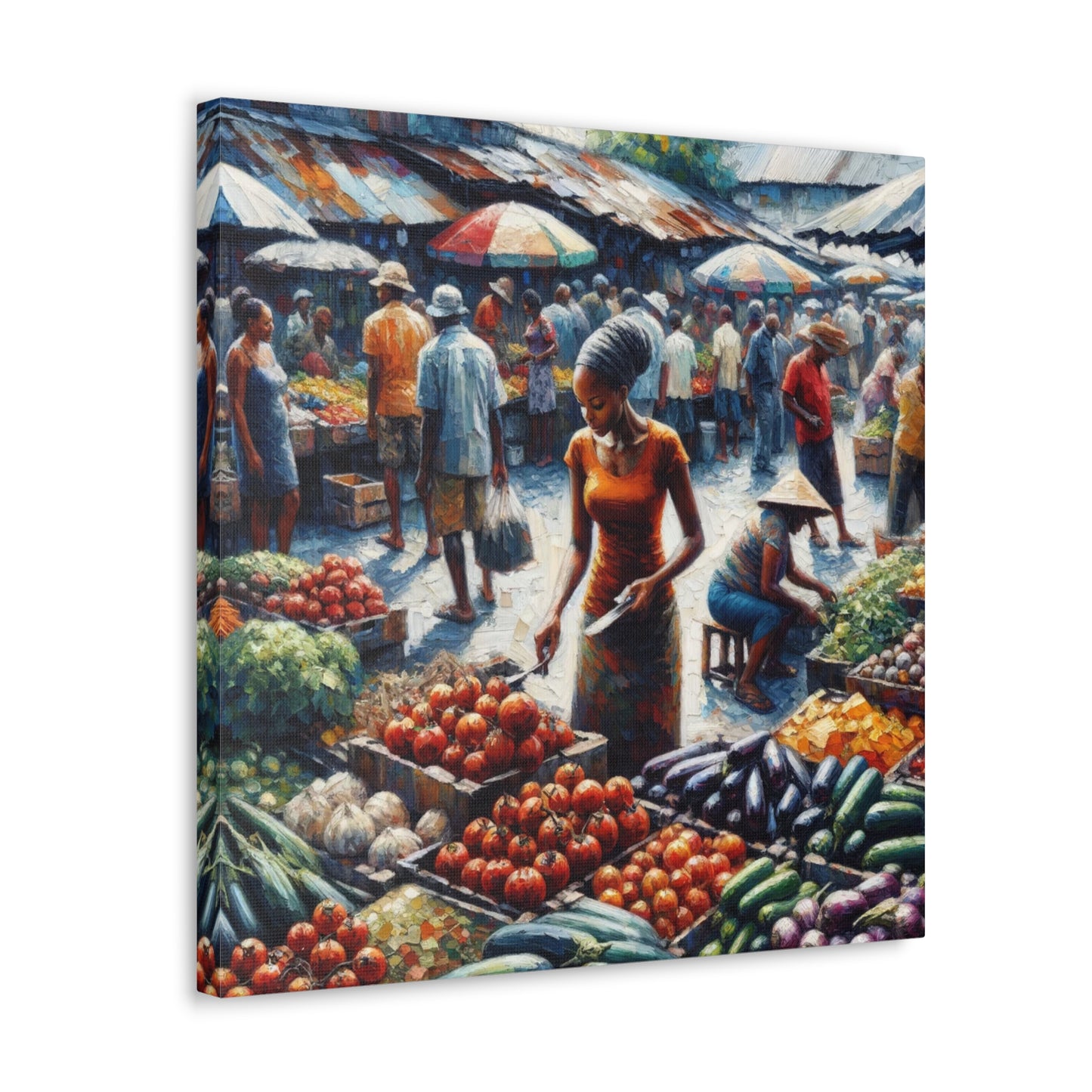 Art Print#4, "Selling at the Market", Market Scene in Trinidad, Caribbean, Oil Finish, West Indian Art, Canvas Gallery Wraps