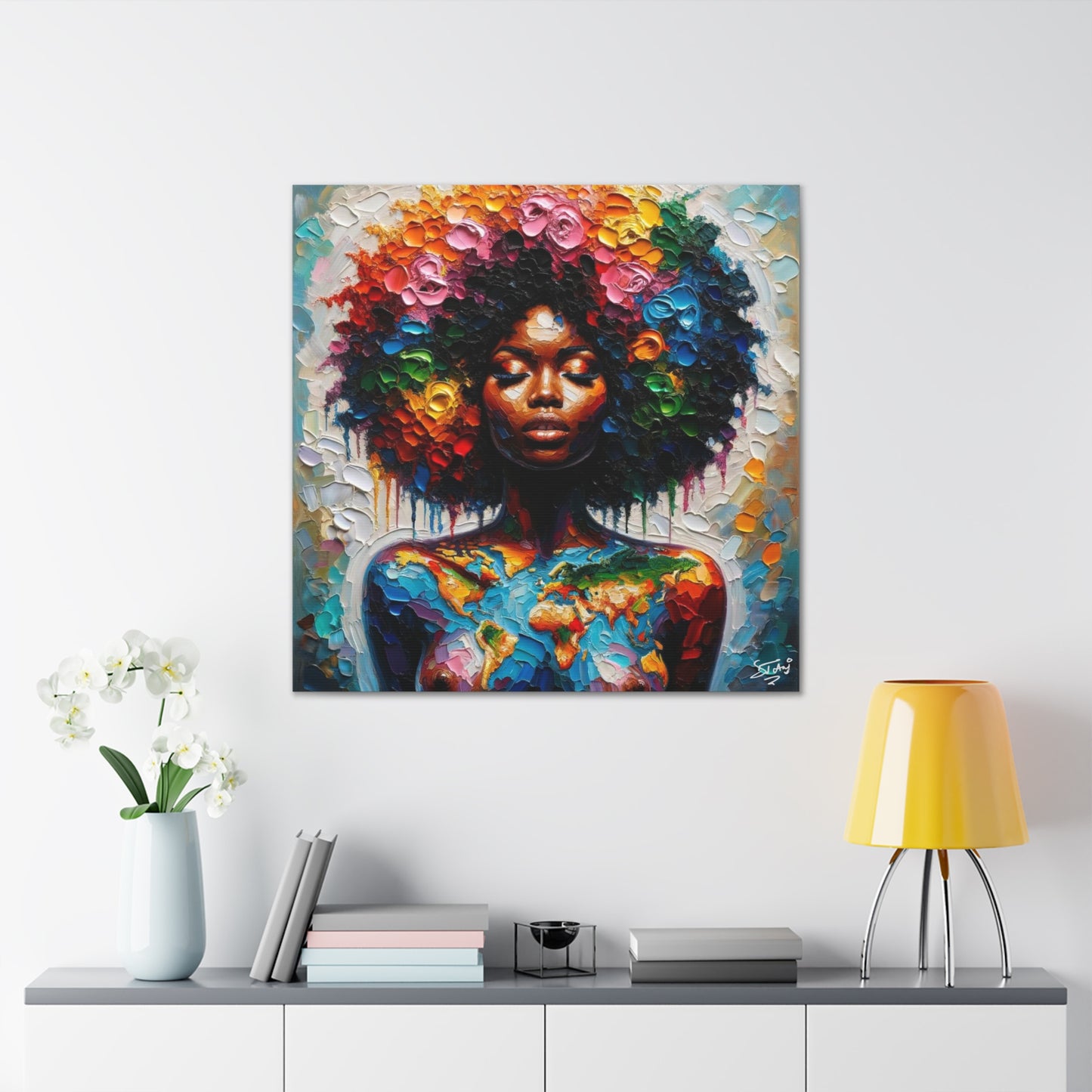 Art Print, Caribbean Woman "World Unity" Oil Finish, West Indian Ethnicity, Cultural, Heritage, Semi-Abstract, Canvas Gallery Wrap