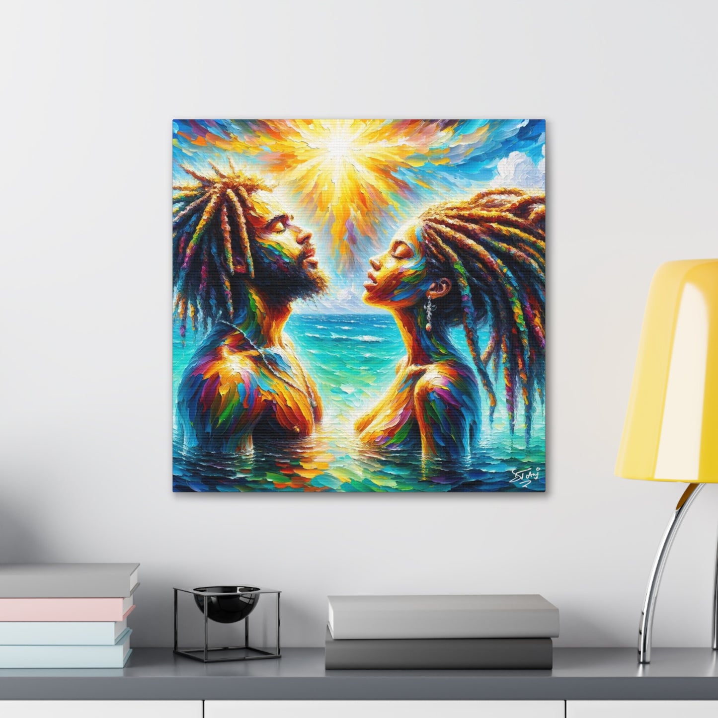 Art Print, Afro-Caribbean Couple in the Ocean, Oil Finish, West Indian Ethnicity, Cultural, Heritage, Semi-Abstract, Canvas Gallery Wrap