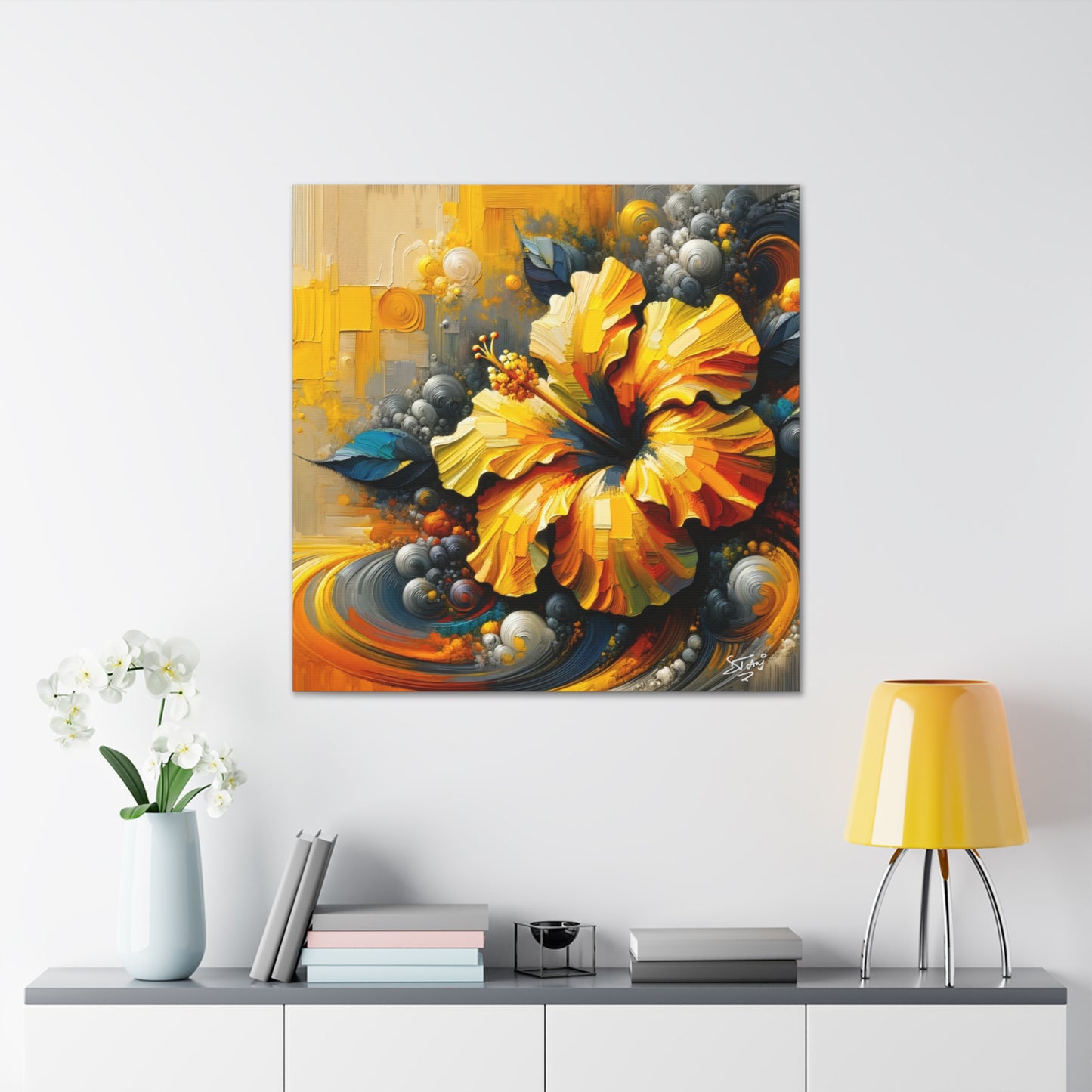 Oil Print#2 of a Yellow Hibiscus Flower, Close-up View, Semi-abstract, Caribbean, Vibrant Vivid Colors, Canvas Gallery Wraps