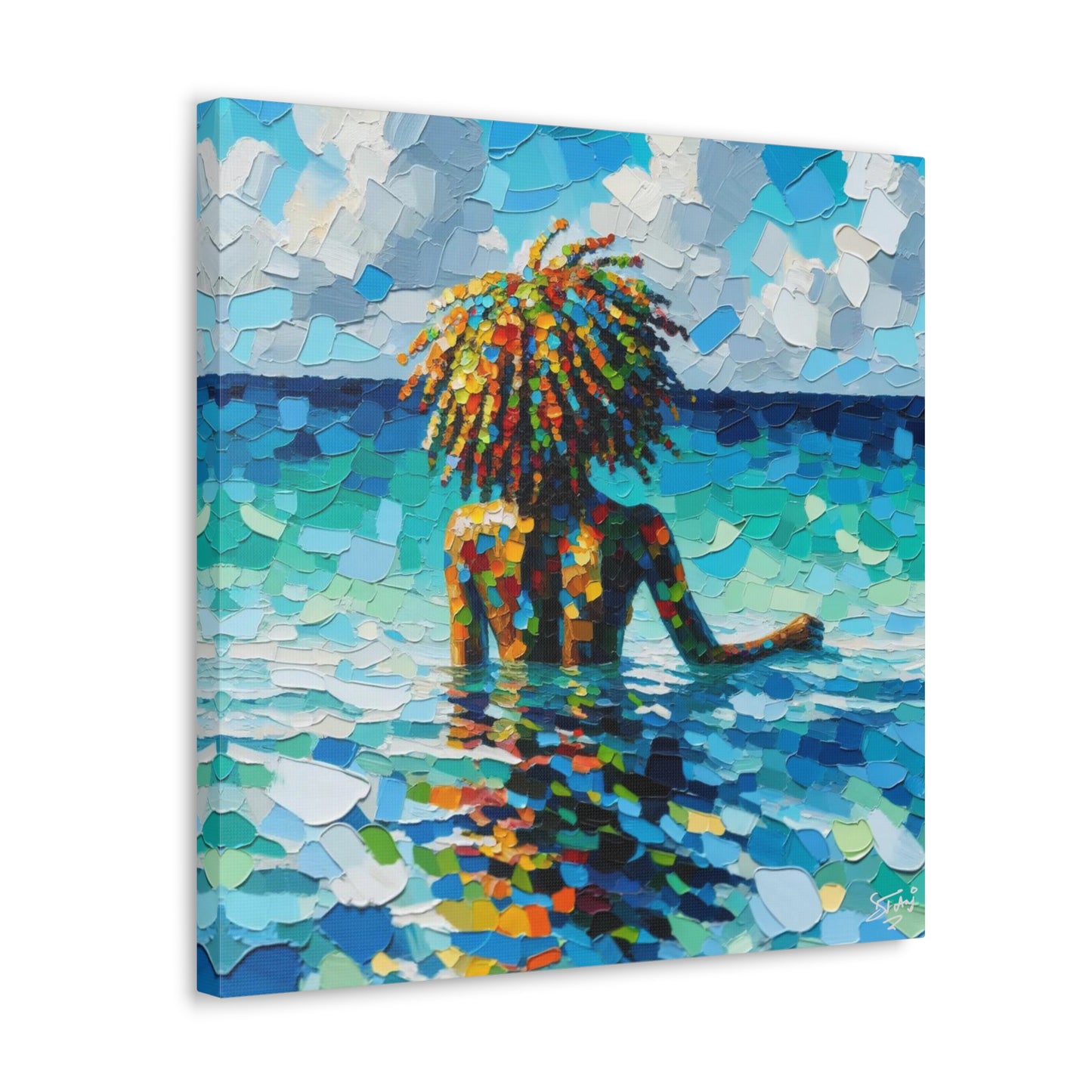 Art Print, Afro-Caribbean Woman, "Sea Bath" Oil Finish, West Indian Ethnicity, Cultural, Heritage, Abstract, Canvas Gallery Wrap