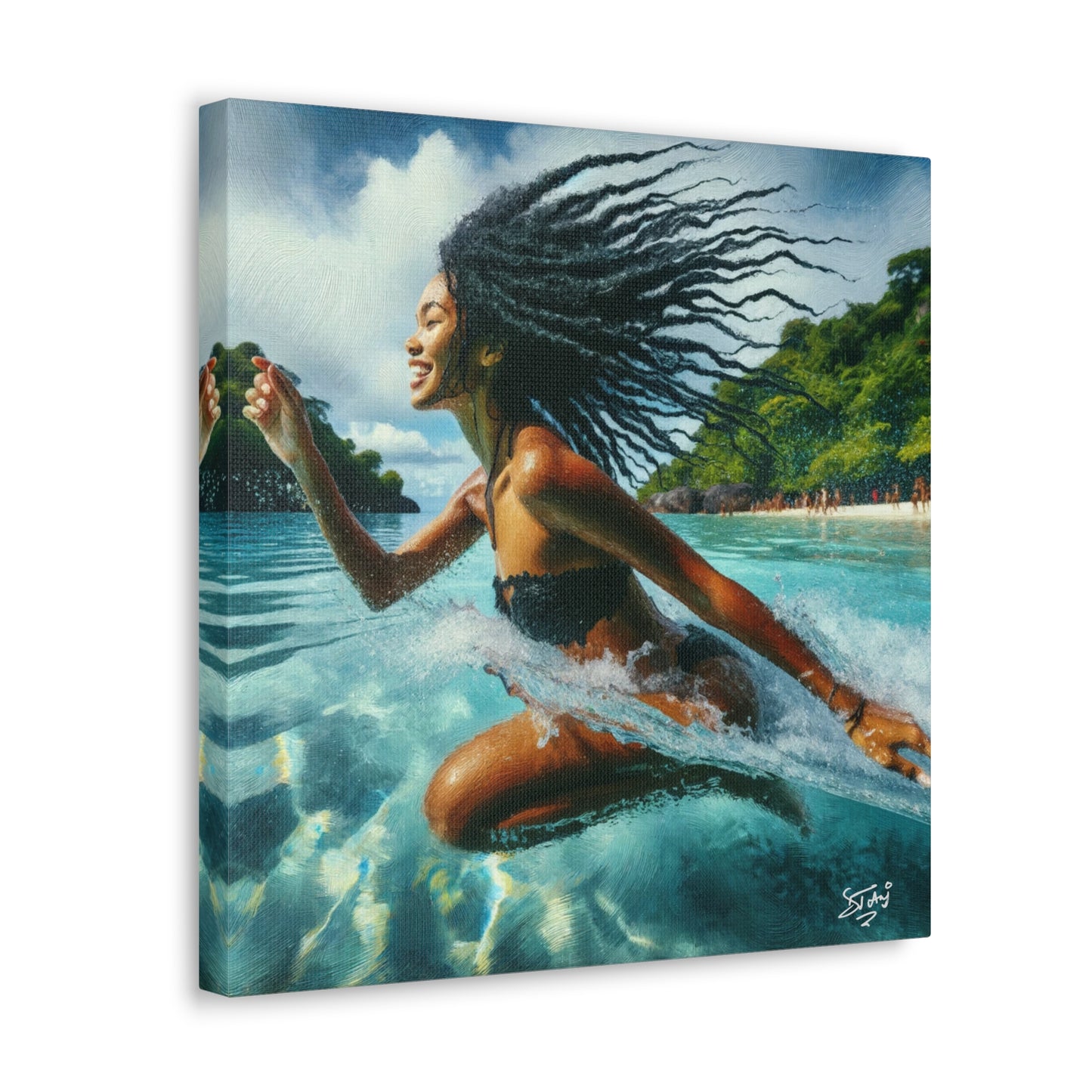 Art Print, Caribbean Woman, "Sea Bath" Abstract, Oil Finish, West Indian Ethnicity, Cultural, Heritage, Abstract, Canvas Gallery Wrap