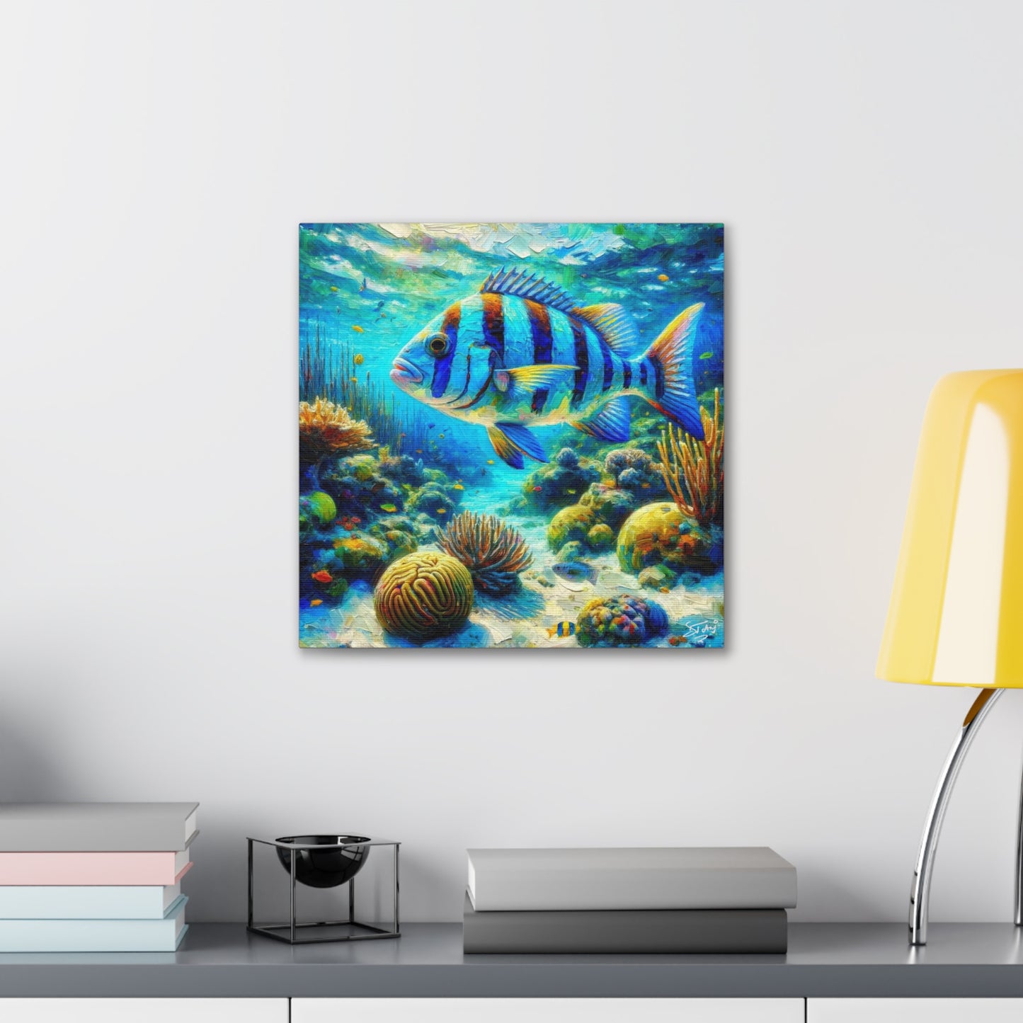 Art Print, Blue-Striped Grunt Fish in Coral Reef, Oil Finish, Caribbean Nature, Semi-Abstract, Canvas Gallery Wrap