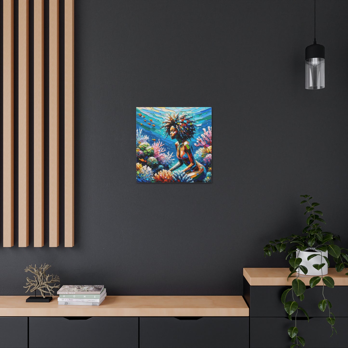 Art Print, Black Woman with Fishes in Coral Reef, Oil Finish, Caribbean Nature, Semi-Abstract, Canvas Gallery Wrap