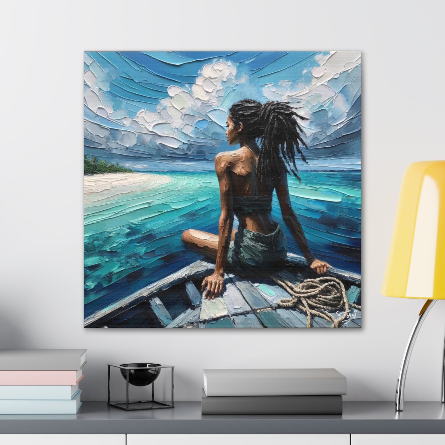 Art Print, Dougla Woman "Chilling in the Boat" Oil Finish, West Indian Ethnicity, Cultural, Heritage, Semi-Abstract, Canvas Gallery Wrap