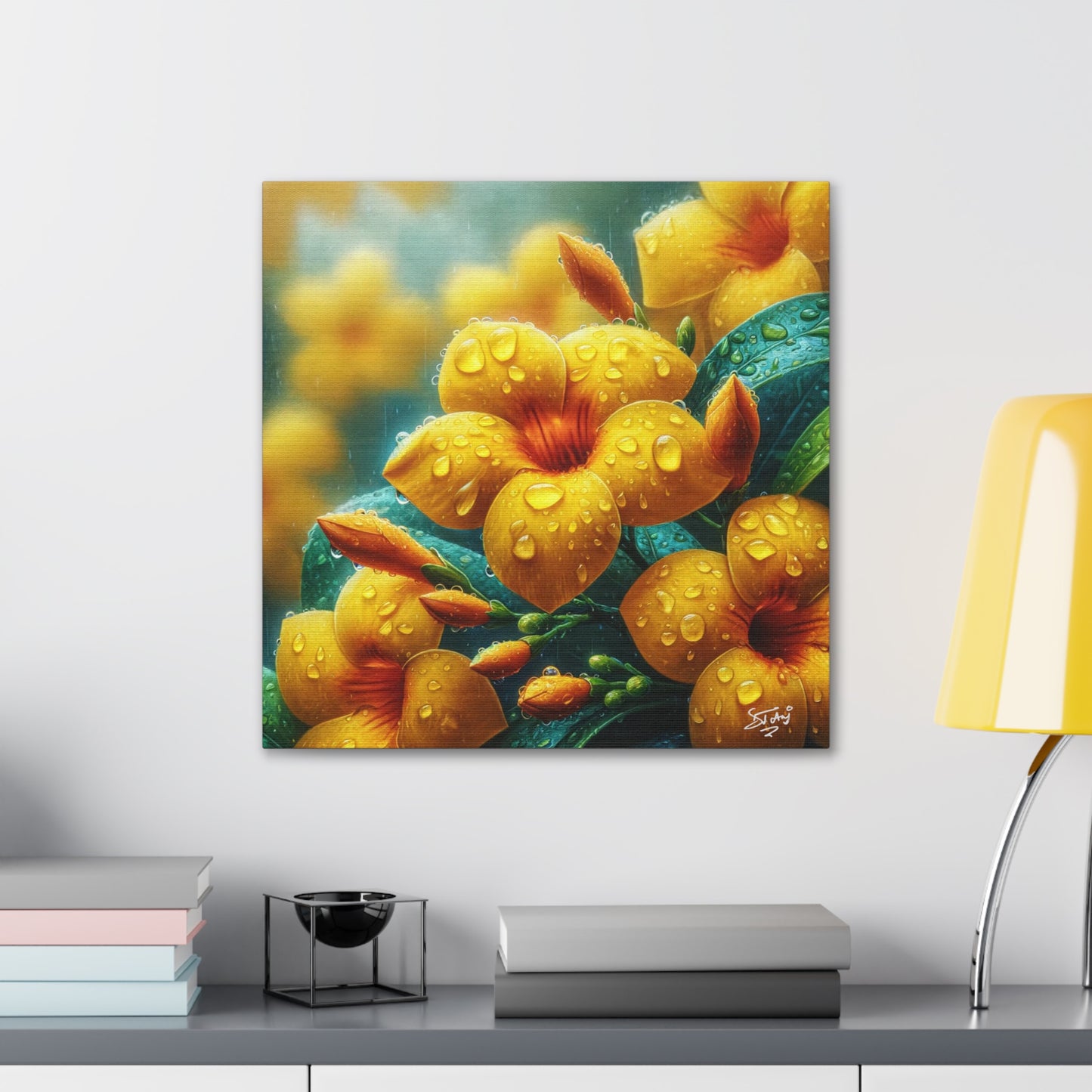 Print of Yellow Allamanda Flowers in the Rain, Oil Paint Finish, Caribbean, Tropical, Canvas Gallery Wraps