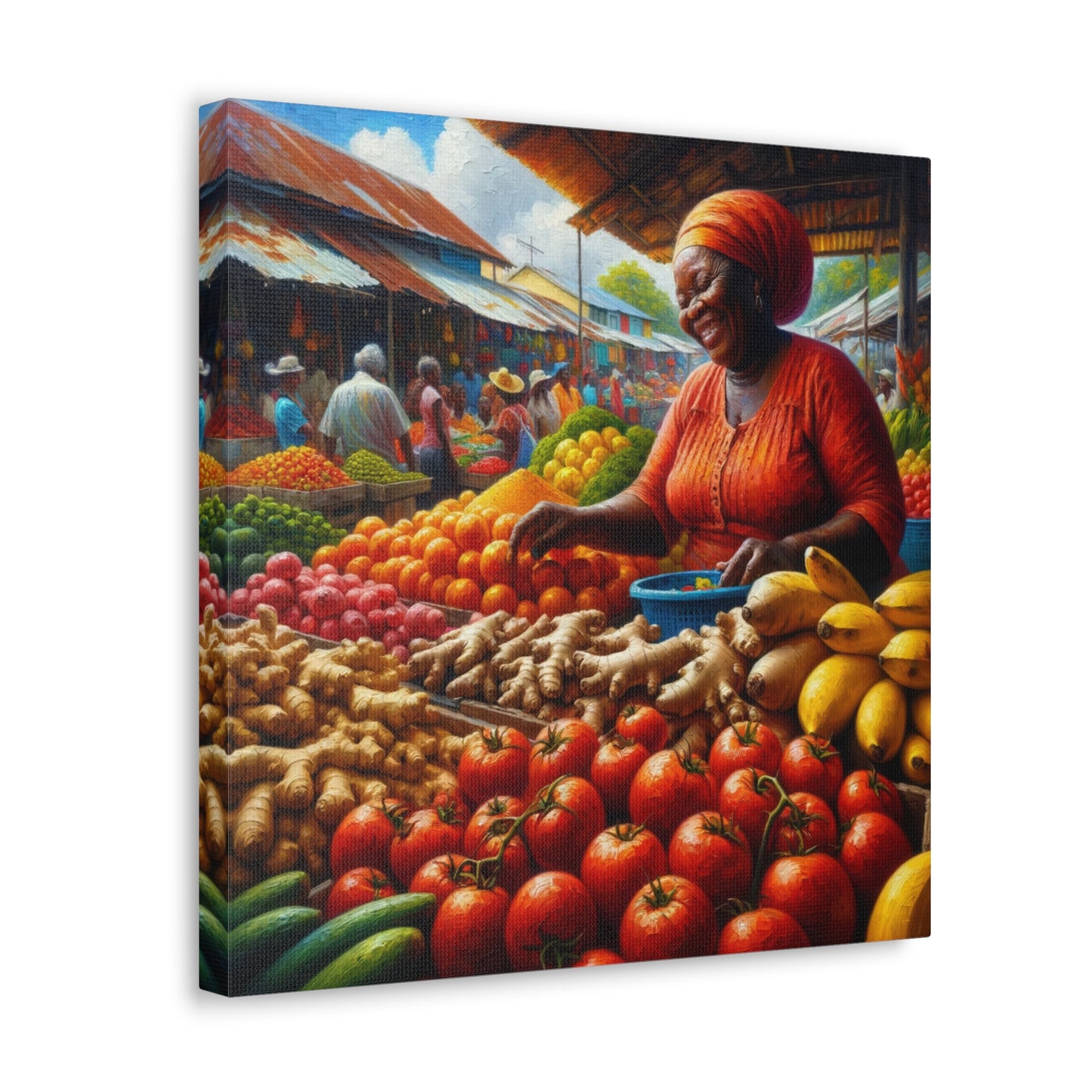 Art Print#6, "Selling at the Market", Market Scene in Trinidad, Caribbean, Oil Finish, West Indian Art, Canvas Gallery Wraps