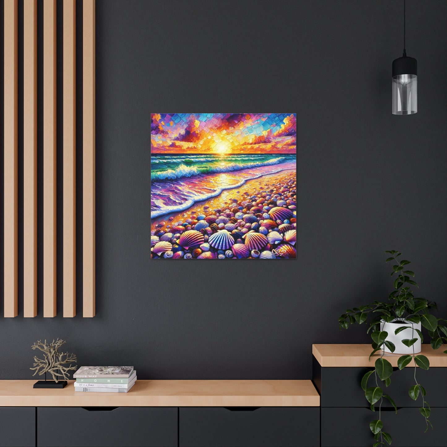 Art Print, Seashell, Caribbean Sunset Beach Scene, Abstract, Oil Painting, West Indian Art, Canvas Gallery Wraps