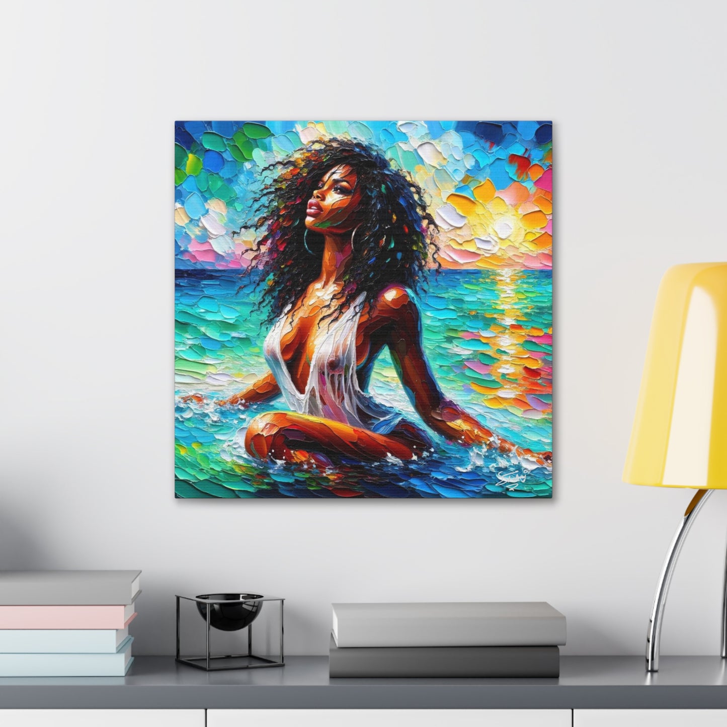 Art Print, Afro-Caribbean Woman, "Sea Bath" Abstract, Oil Finish, West Indian Ethnicity, Cultural, Heritage, Abstract, Canvas Gallery Wrap