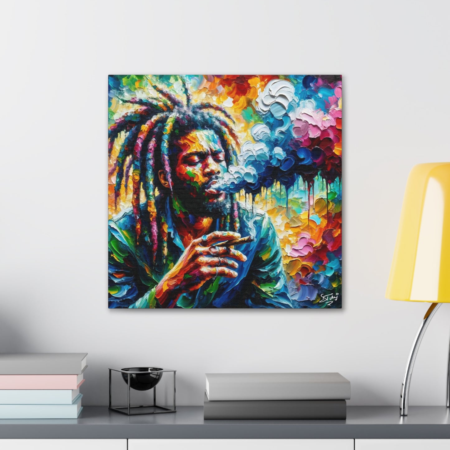 Art Print of Rastaman Smoking, Oil Finish, West Indian Ethnicity, Cultural, Heritage, Afro-Caribbean Man, Semi-Abstract, Canvas Gallery Wrap