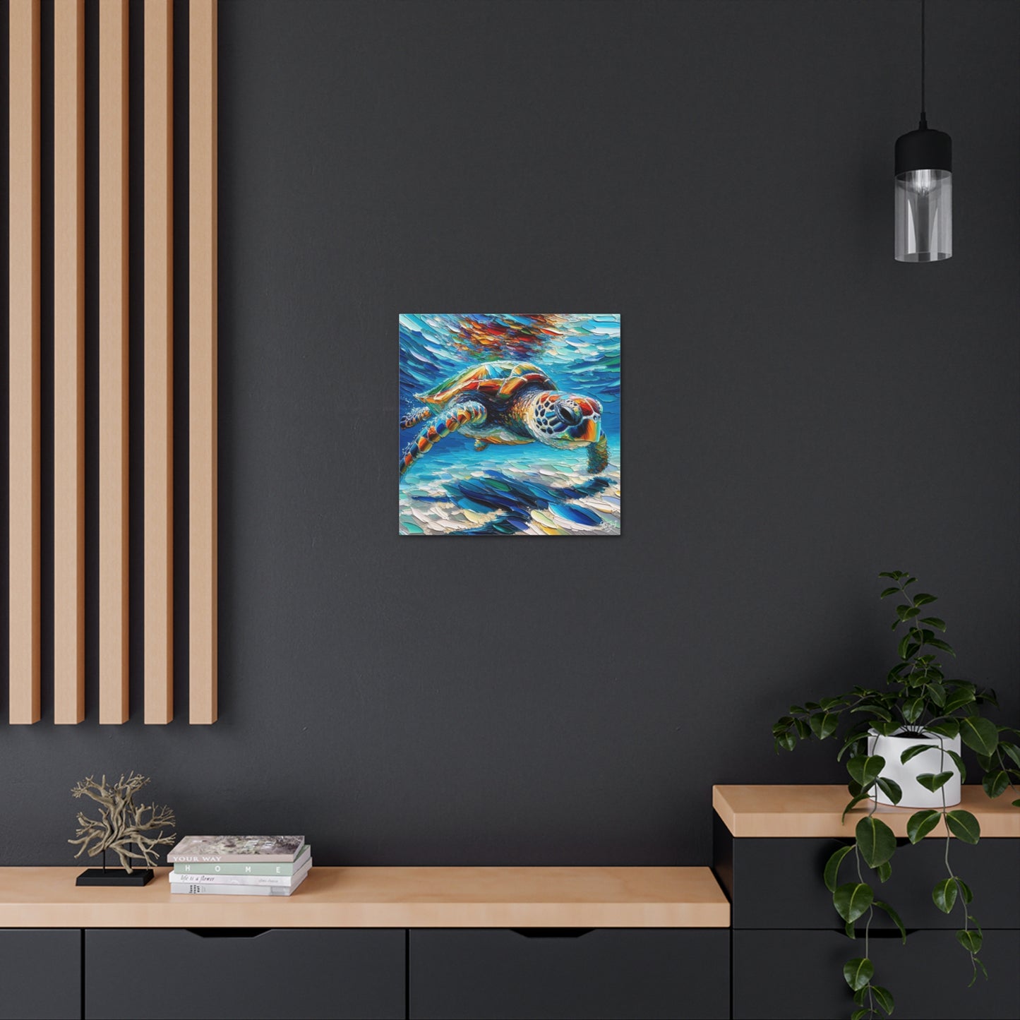 Art Print, Turtle in Reef, Oil Finish, Caribbean Nature, Cultural, Heritage, Semi-Abstract, Canvas Gallery Wrap