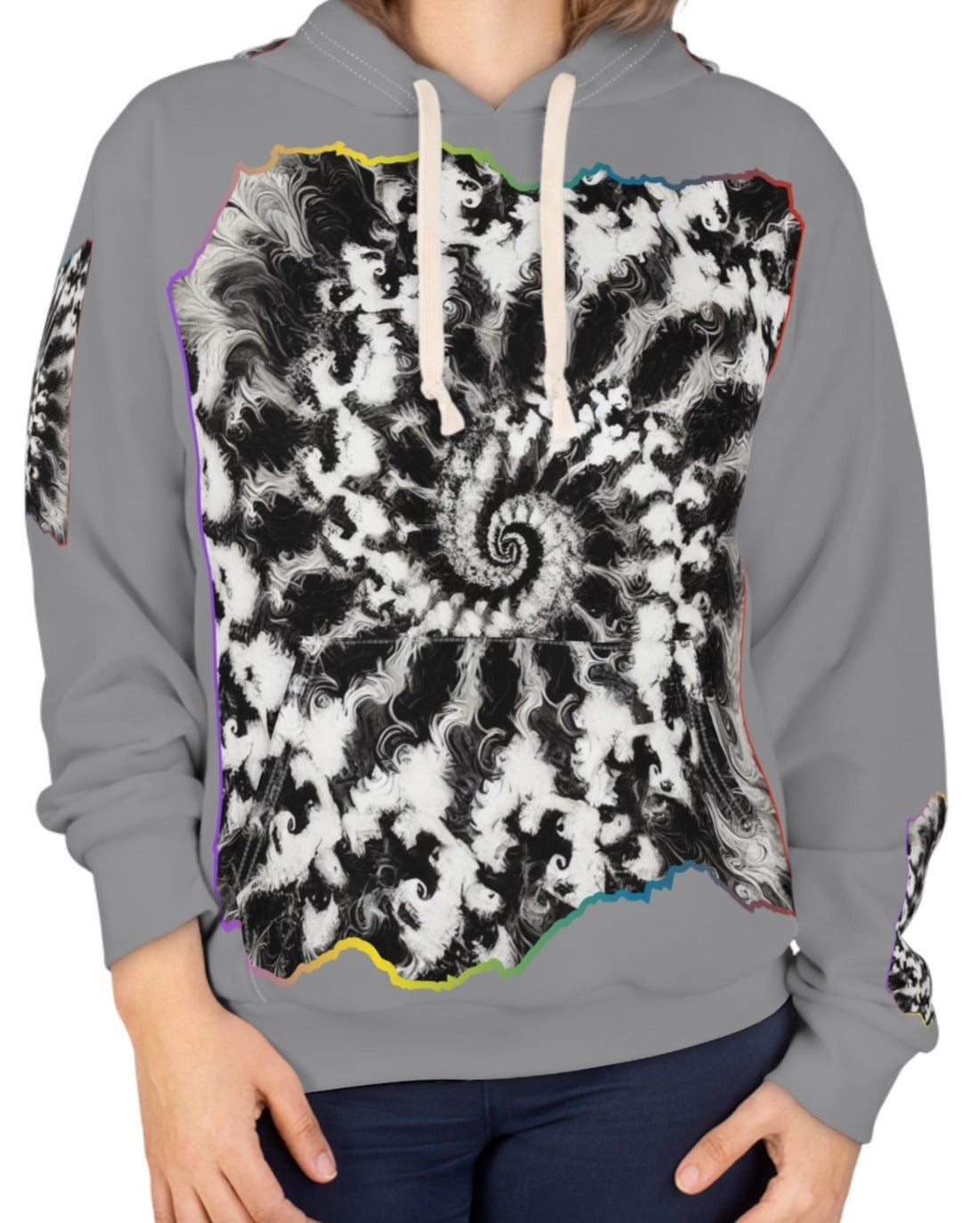 Unisex Pullover Hoodie (AOP) "B&W Tie-Dye Abstract Print"