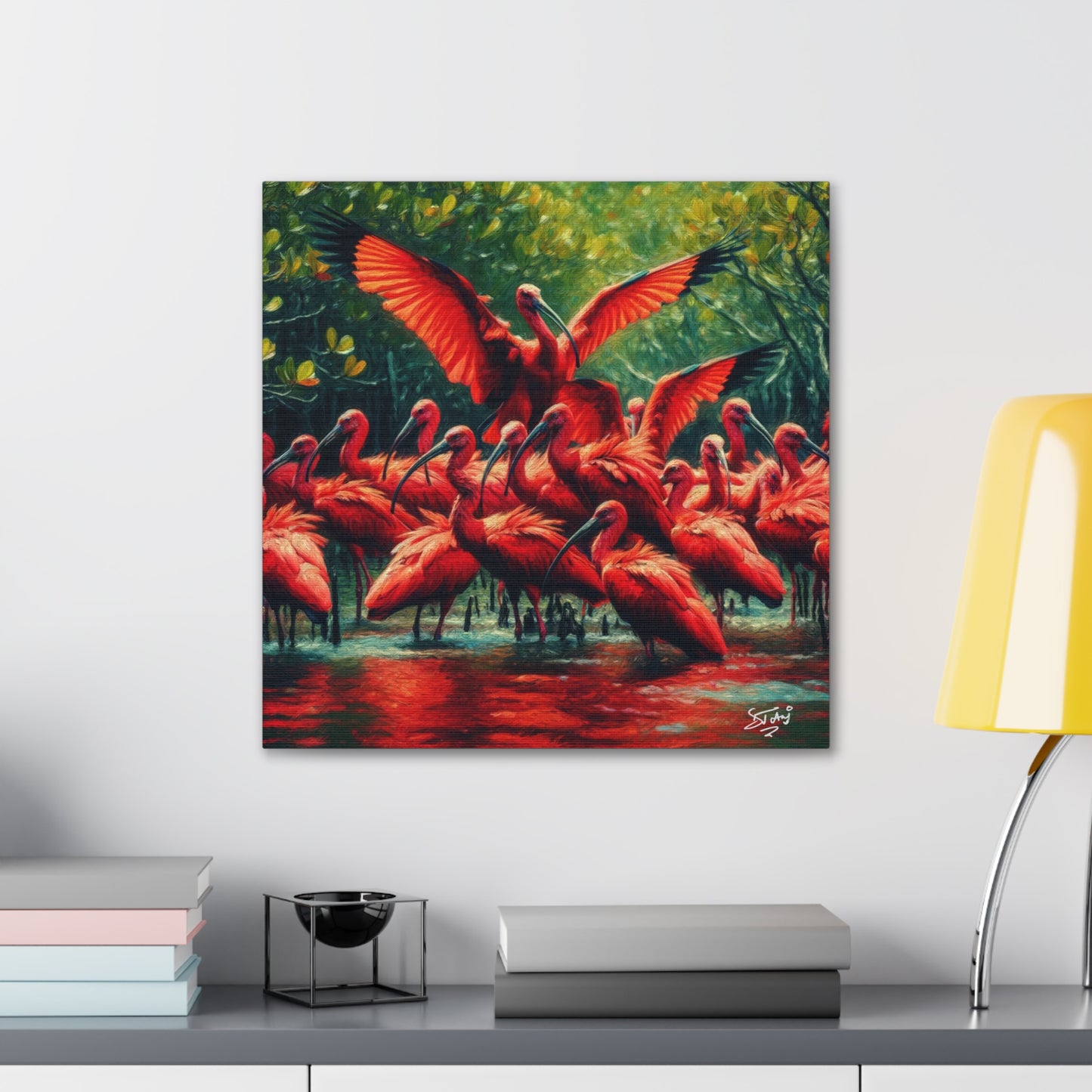 Art Print#3, Scarlet Ibises in Their Natural Mangrove Habitat in Trinidad and Tobago, Caribbean, West Indian Art, Canvas Gallery Wraps