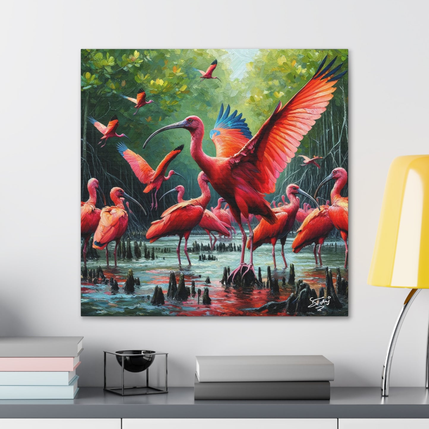 Art Print#2, Scarlet Ibises in Their Natural Mangrove Habitat in Trinidad and Tobago, Caribbean, West Indian Art, Canvas Gallery Wraps