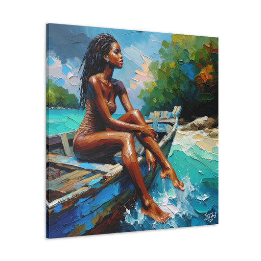 Art Print, Afro-Caribbean Woman "Chilling in the Boat (3)" Oil Finish, West Indian Ethnicity, Cultural, Heritage, Semi-Abstract, Canvas Gallery Wrap