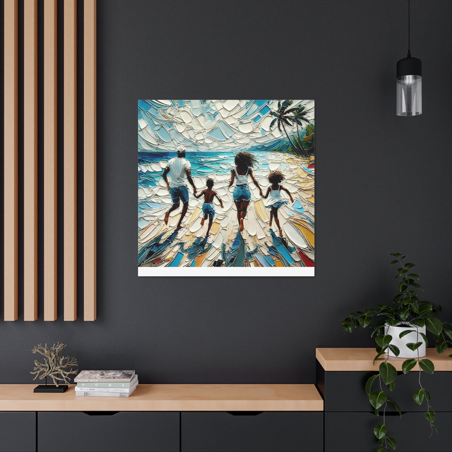 Art Print, Afro-Caribbean Family "Running on the Beach," Oil Finish, West Indian Ethnicity, Cultural, Heritage, Semi-Abstract, Canvas Gallery Wrap