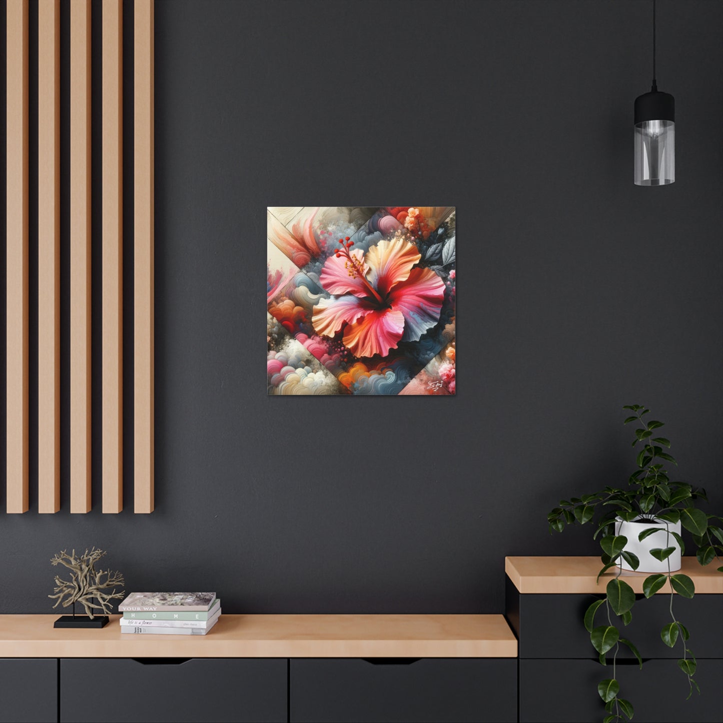 Oil Print of a Pink Hibiscus Flower, Close-up View, Semi-abstract, Caribbean, Vibrant Vivid Colors, Canvas Gallery Wraps