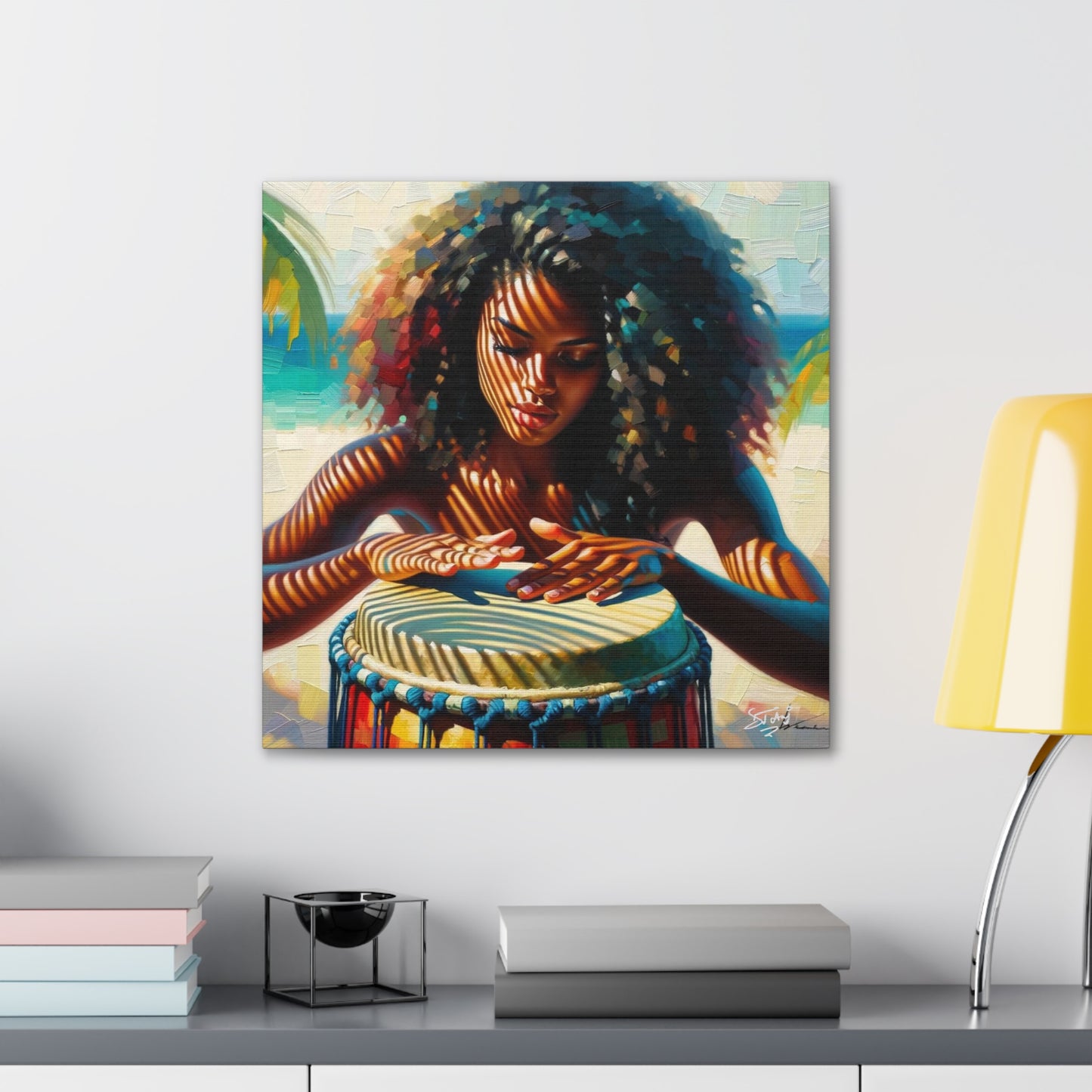 Art Print, Afro-Caribbean Woman, "Drumming" Oil Finish, West Indian Ethnicity, Cultural, Heritage, Abstract, Canvas Gallery Wrap